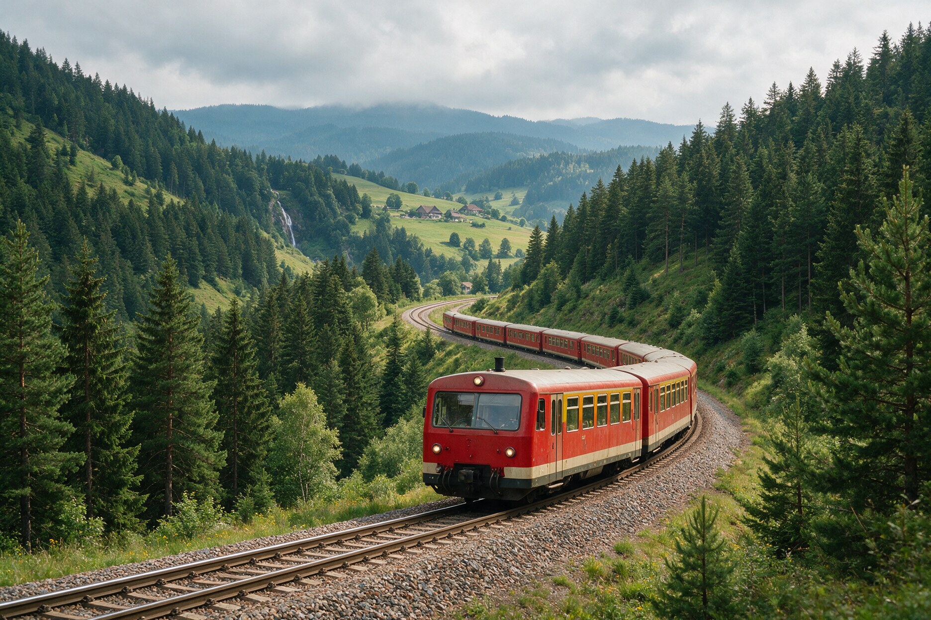 Small regional train winding through the forested hills of Germany's Black Forest