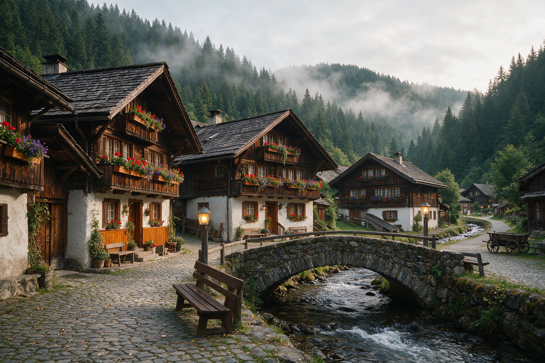 Traditional Black Forest village with steep-roofed houses and a stream, near Triberg Germany