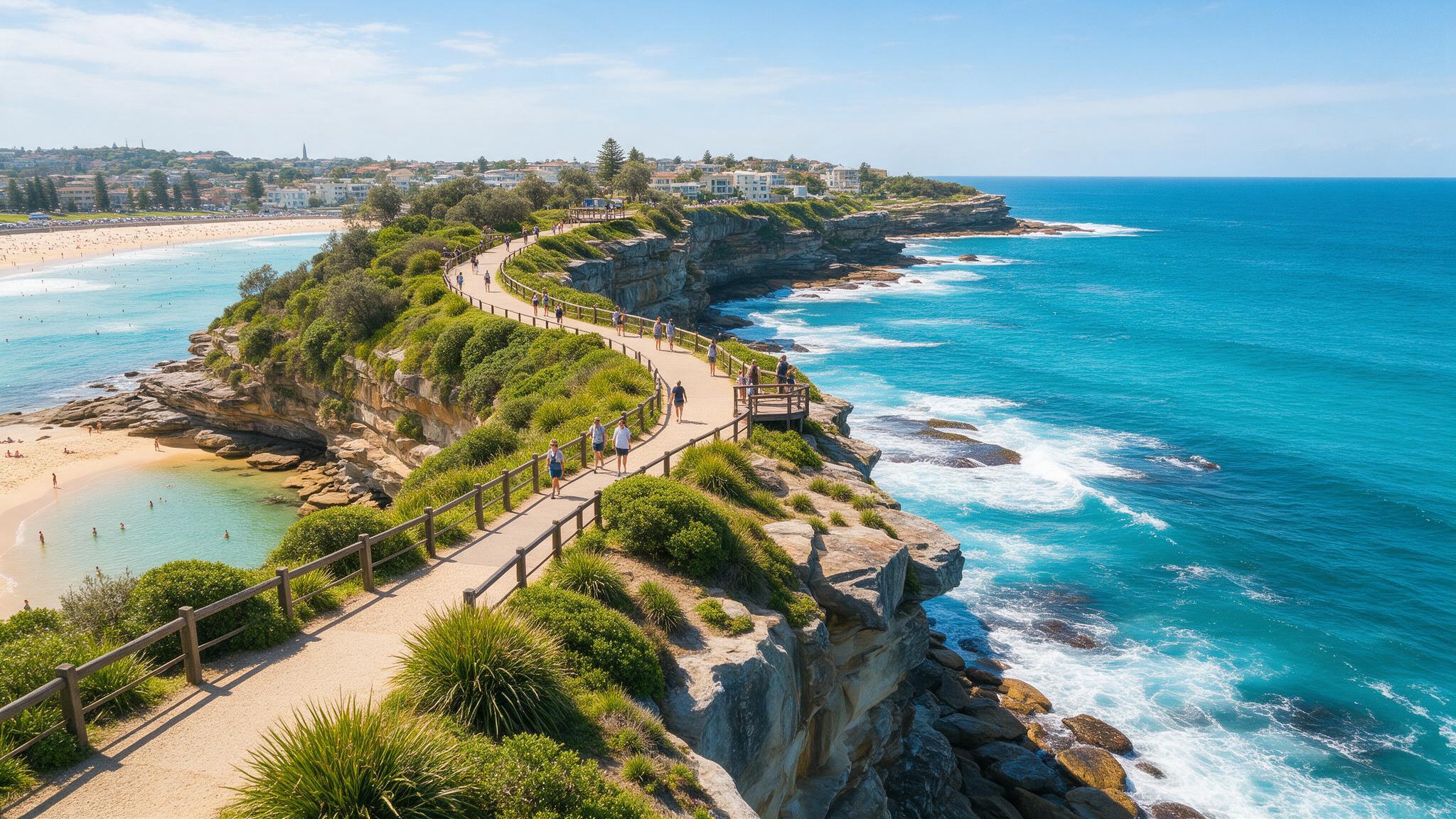 Aerial view of the Bondi to Coogee coastal walk in Sydney with turquoise water and clifftop path