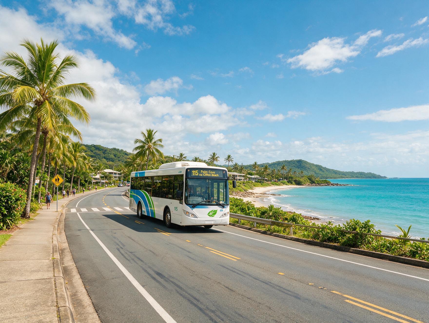 Public bus on a coastal road near Cairns Australia