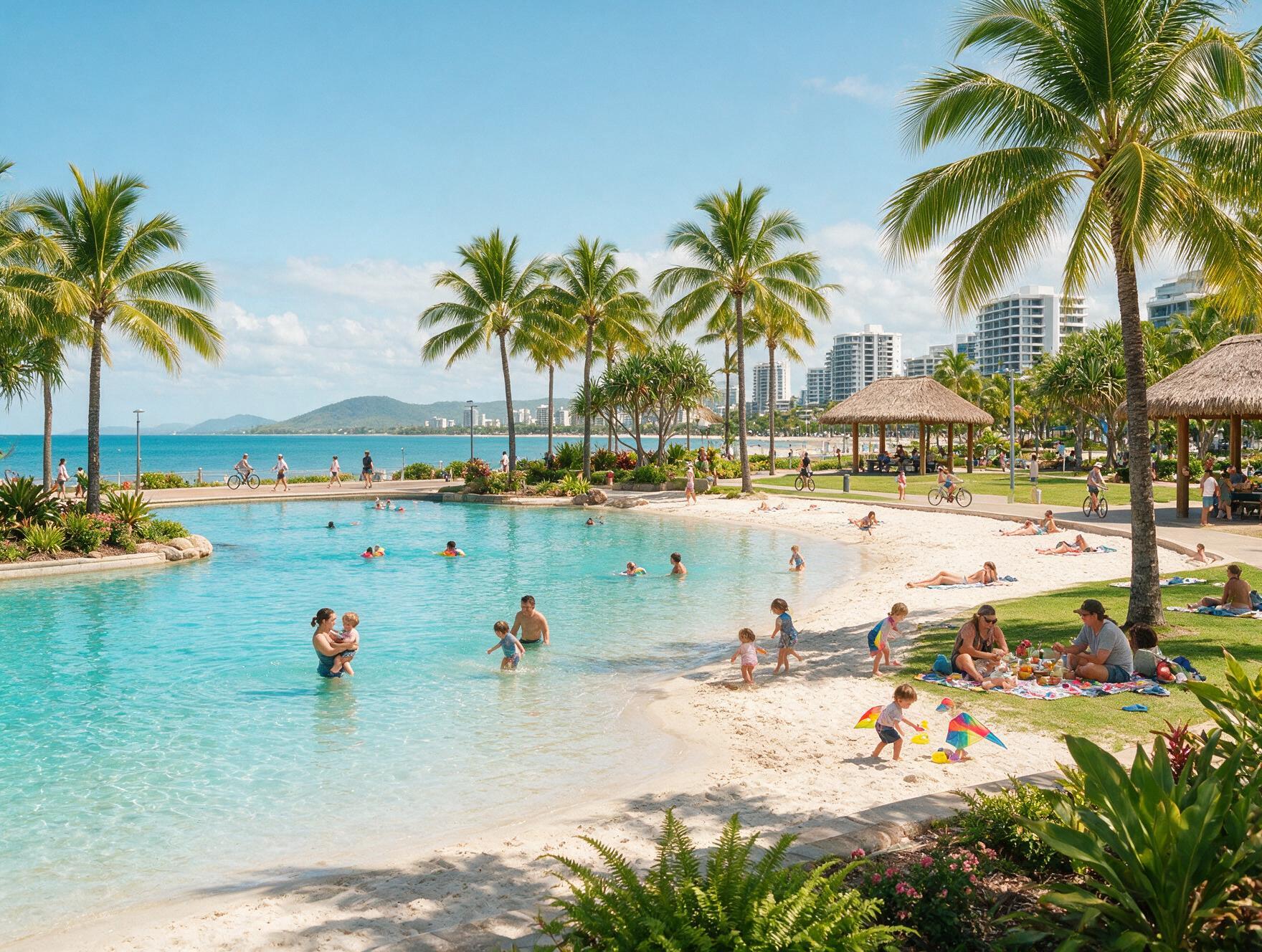 Families swimming at the free Cairns Esplanade Lagoon