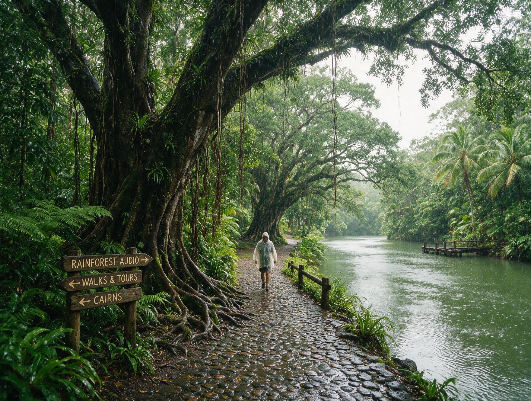 Traveler wearing a rain jacket walking through tropical Cairns during wet season