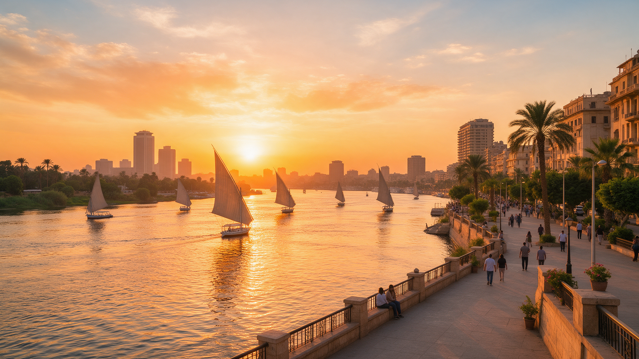 Nile Corniche in Cairo Egypt at sunset with people walking and feluccas on the river