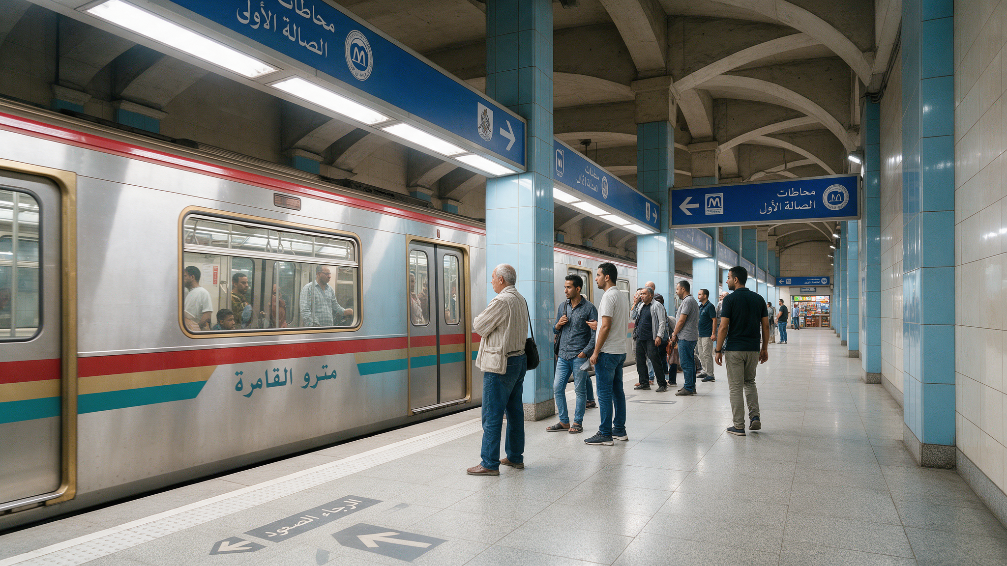 Cairo Metro train platform with passengers waiting, modern underground station