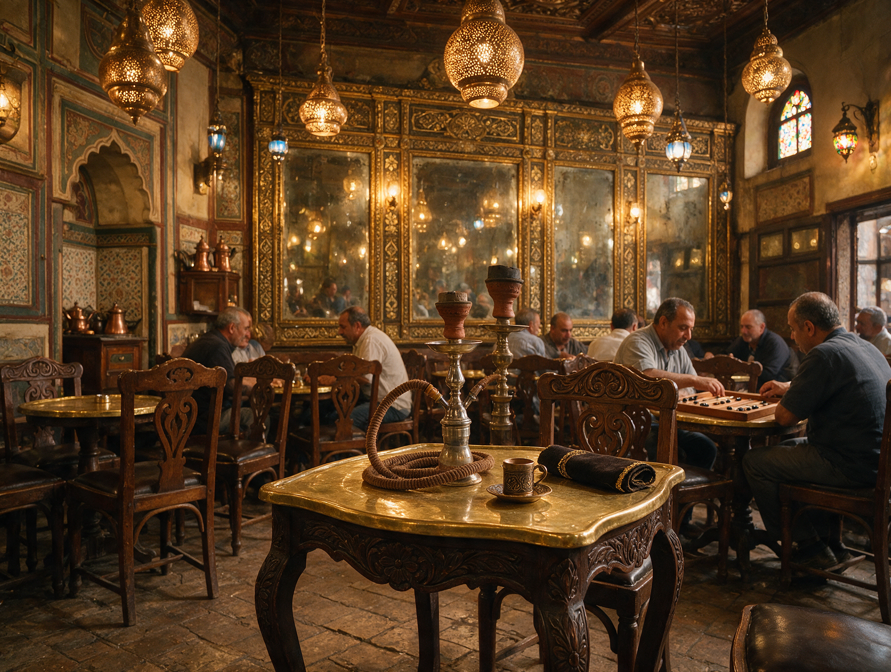 Historic Cairo coffeehouse with brass tables and backgammon players