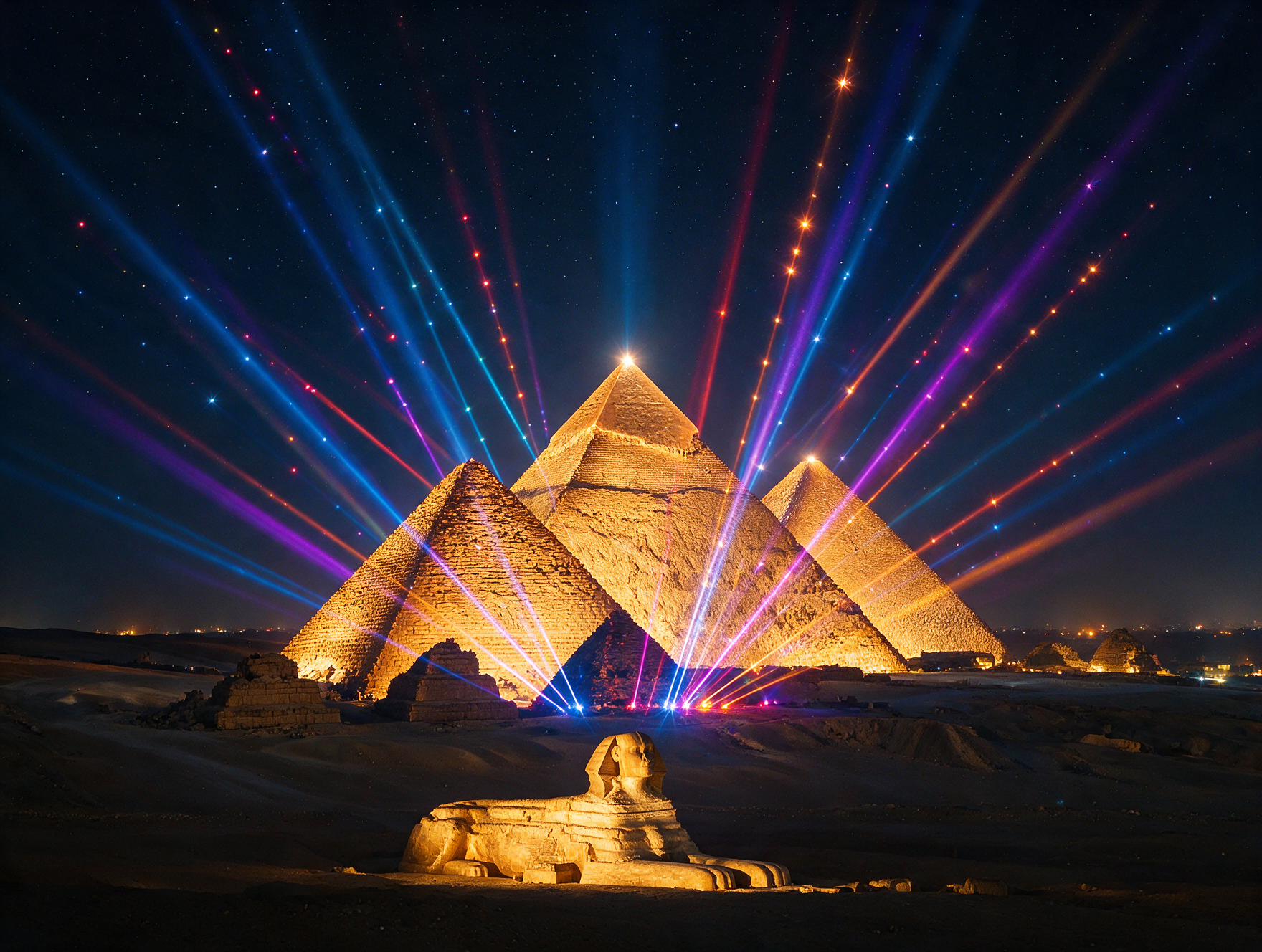 Giza pyramids illuminated during the nightly Sound and Light Show