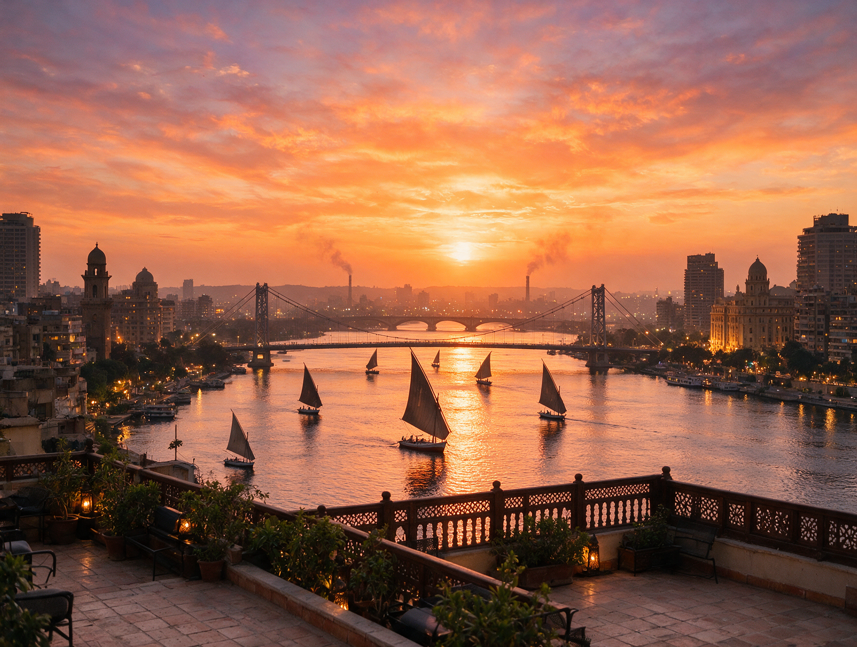 Nile river at sunset seen from a Zamalek rooftop in Cairo