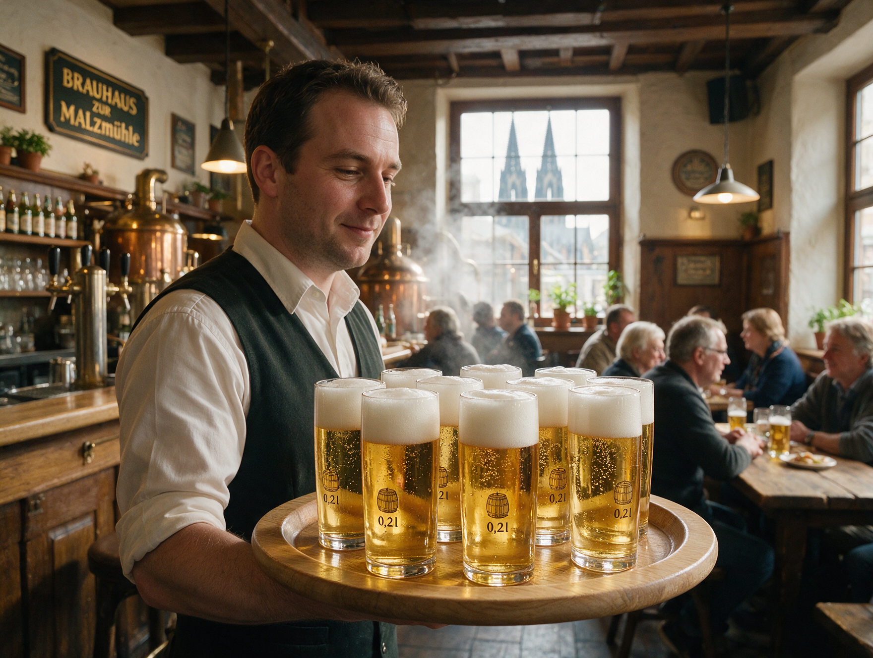 Small glasses of Kolsch beer on a round tray in a Cologne brauhaus with the cathedral visible through the window