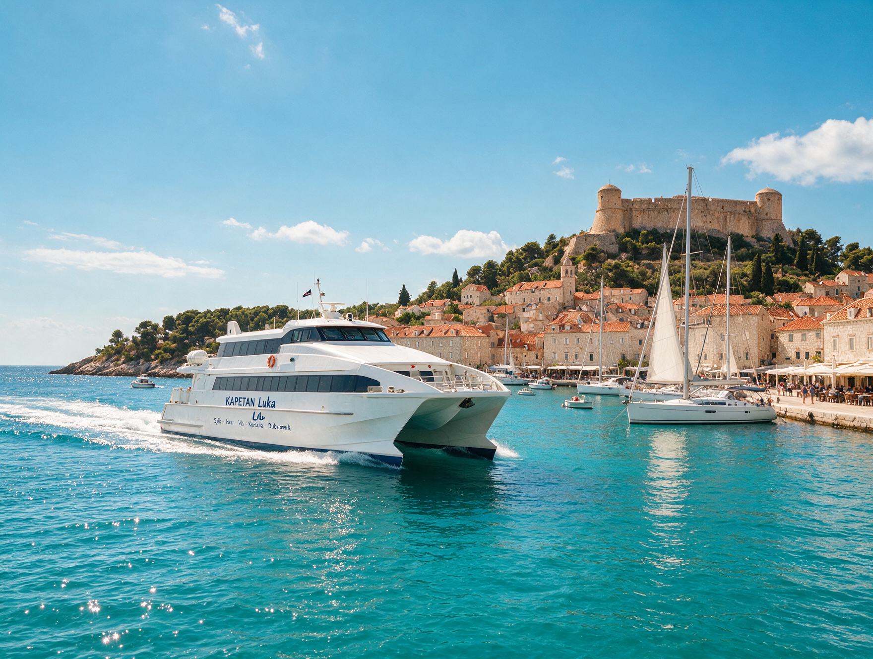 Catamaran ferry arriving at Hvar Town harbor with the Spanjola Fortress on the hill above