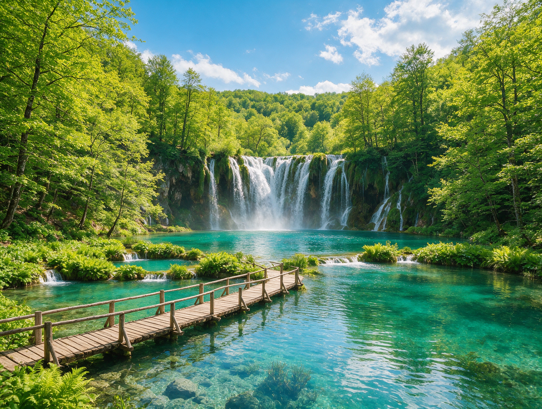 Turquoise waterfalls and wooden boardwalk trails at Plitvice Lakes National Park