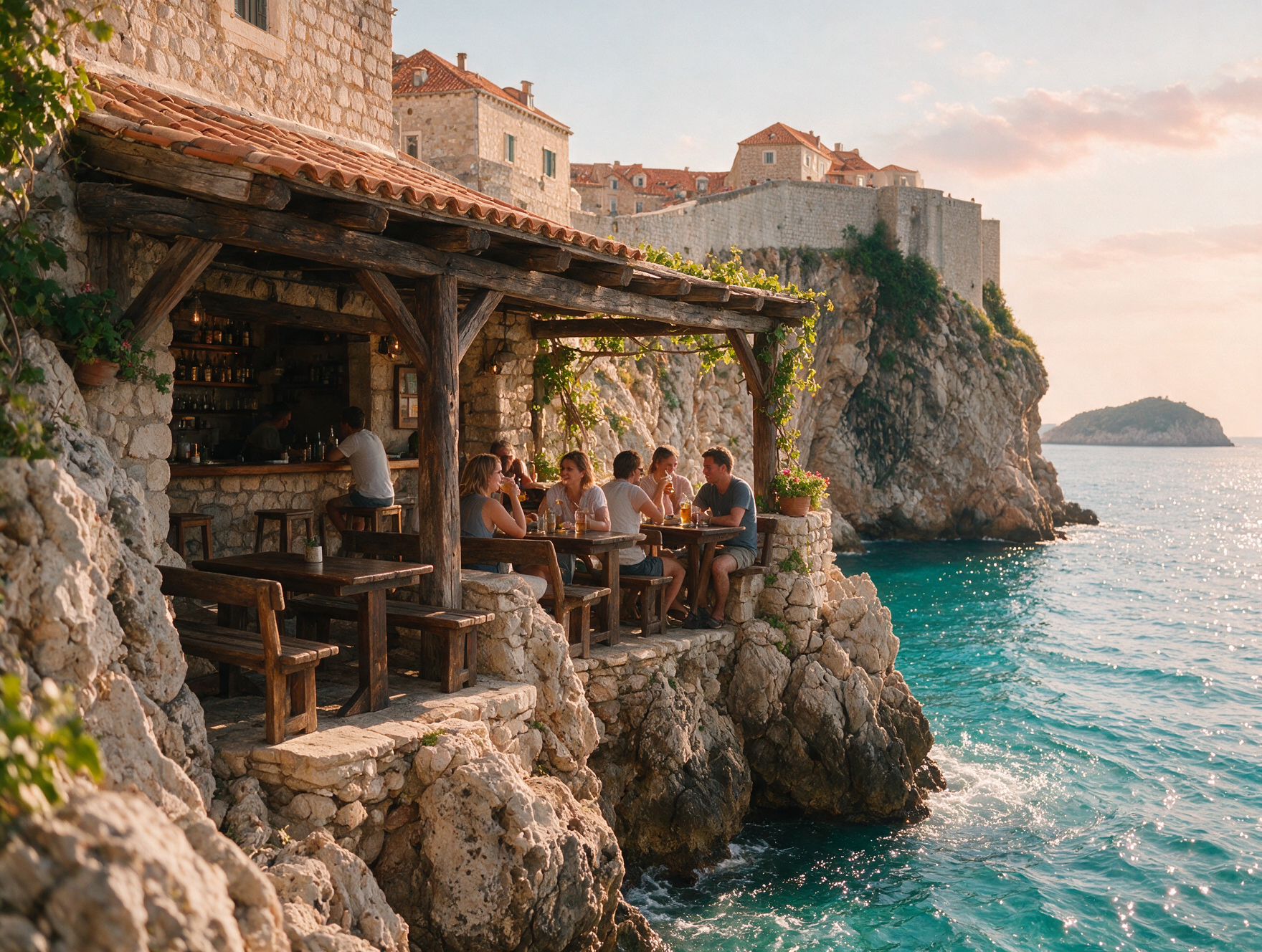 Rustic cliffside bar built into the rocks outside Dubrovnik's old city walls at golden hour