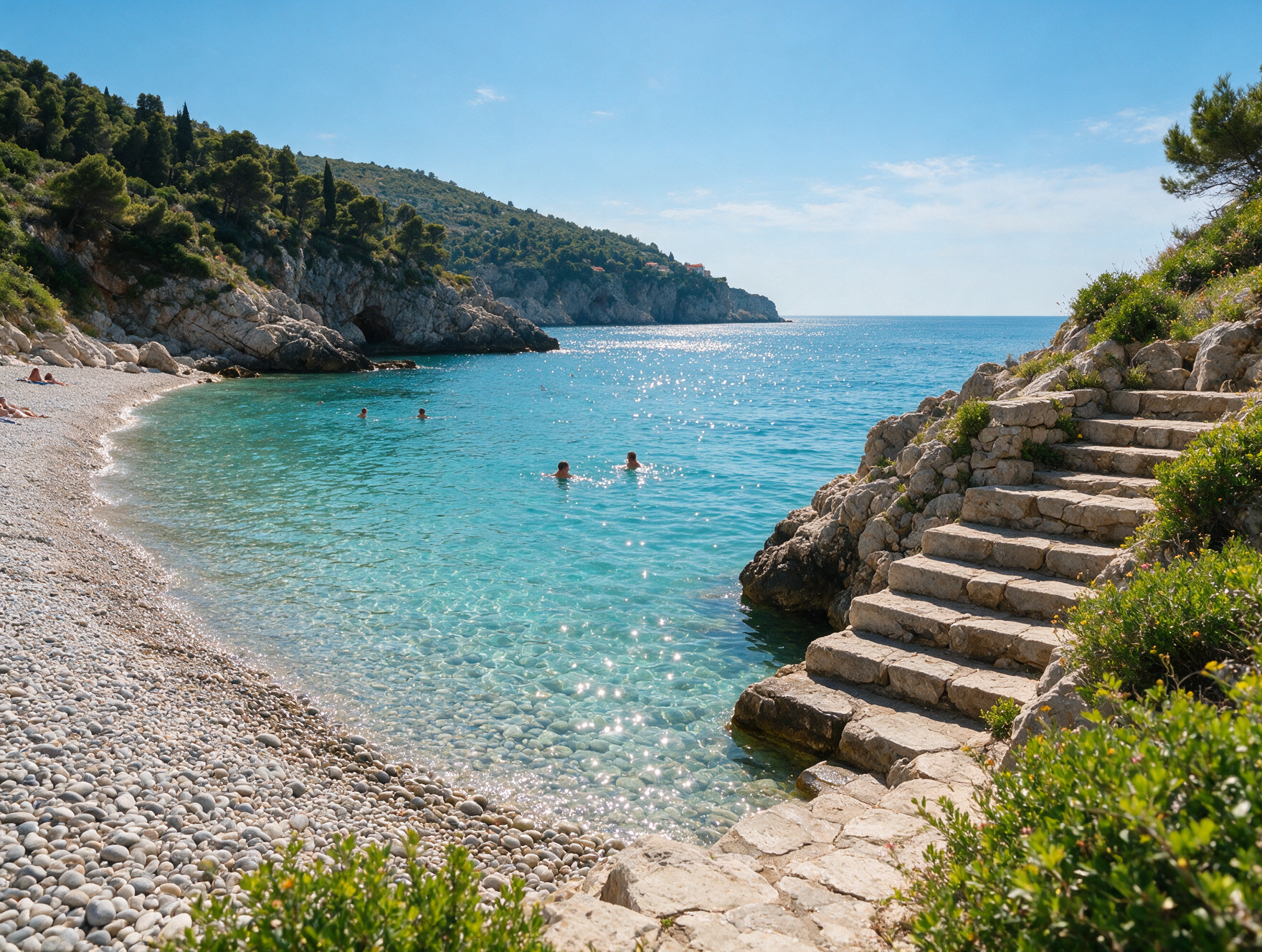 Quiet local pebble beach cove near Dubrovnik with clear turquoise water and stone steps
