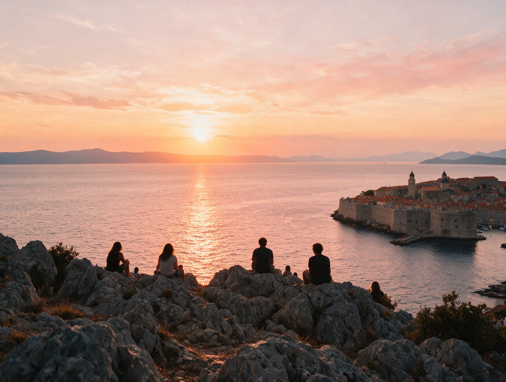 Travelers sitting on a rocky plateau above Dubrovnik watching the sunset over the Adriatic Sea