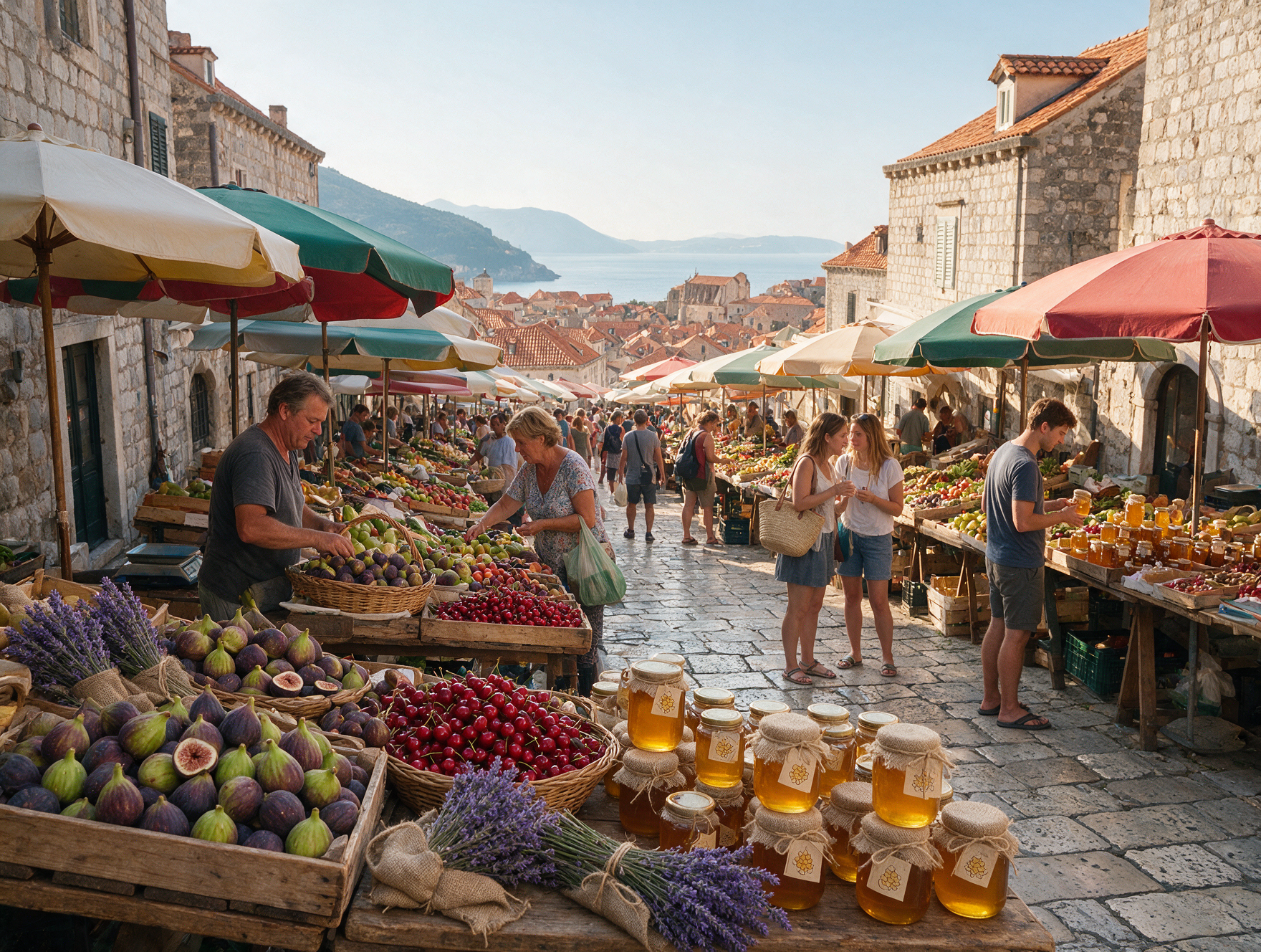 Morning produce stalls at Gundulic Square market in Dubrovnik's Old Town