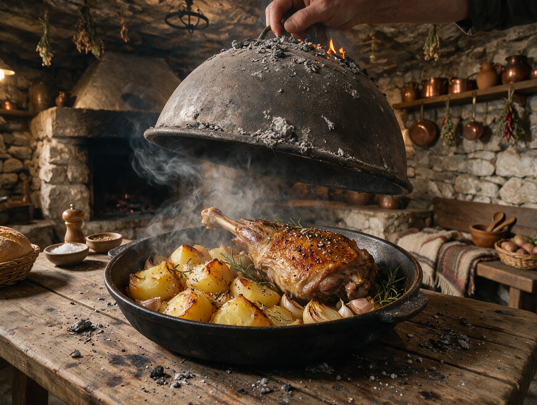 Lamb and potatoes roasting under a peka dome covered in hot embers