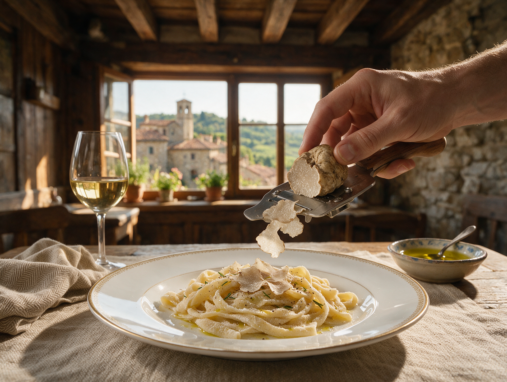 Fresh white truffle shaved over handmade pasta at a restaurant near Motovun in Istria