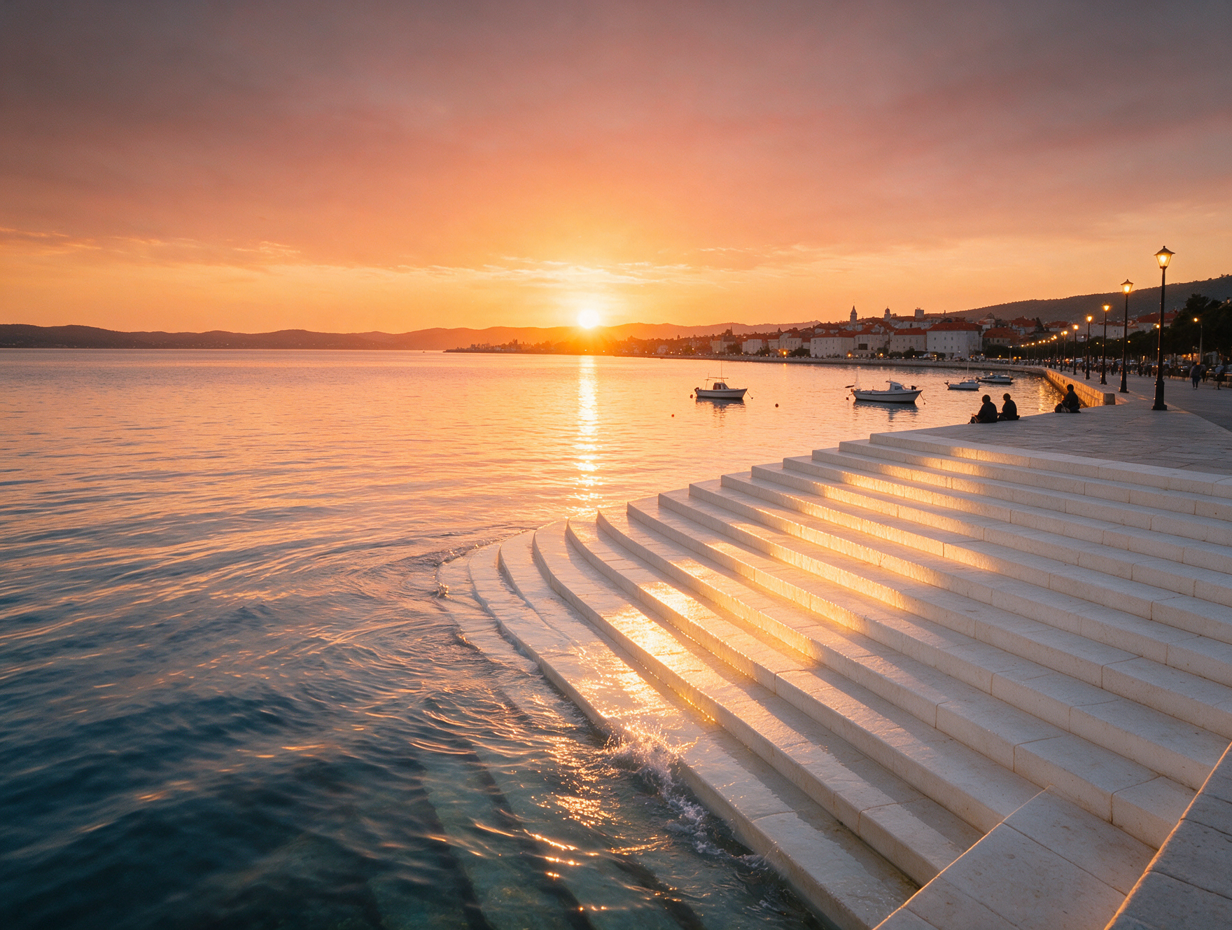 Sunset over Zadar's Sea Organ steps with people sitting by the water