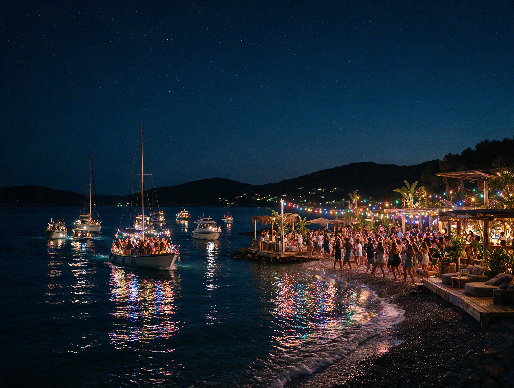 Boat party arriving at a remote island beach club near Hvar at night with colorful lights