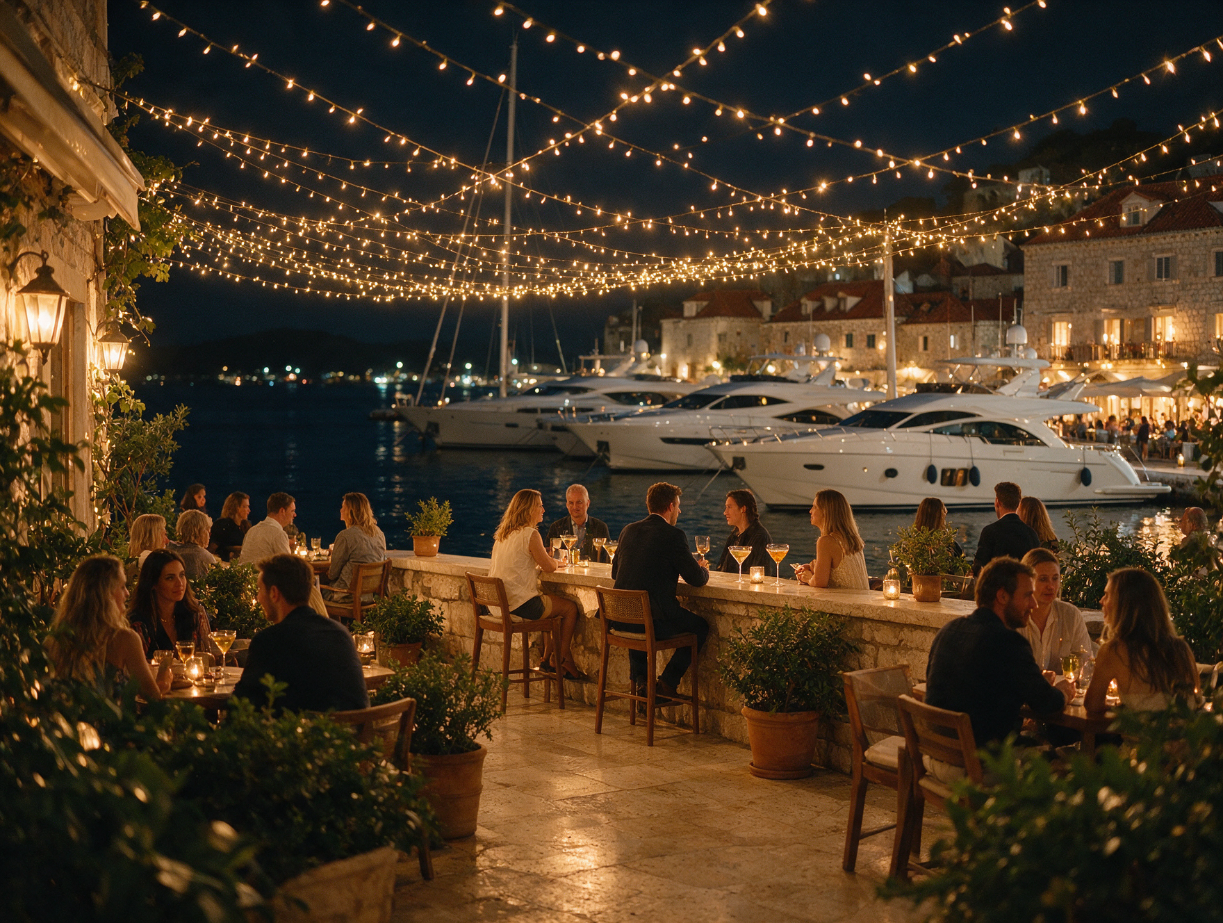 Elegant harbourfront cocktail bar in Hvar Town at night with yachts docked behind