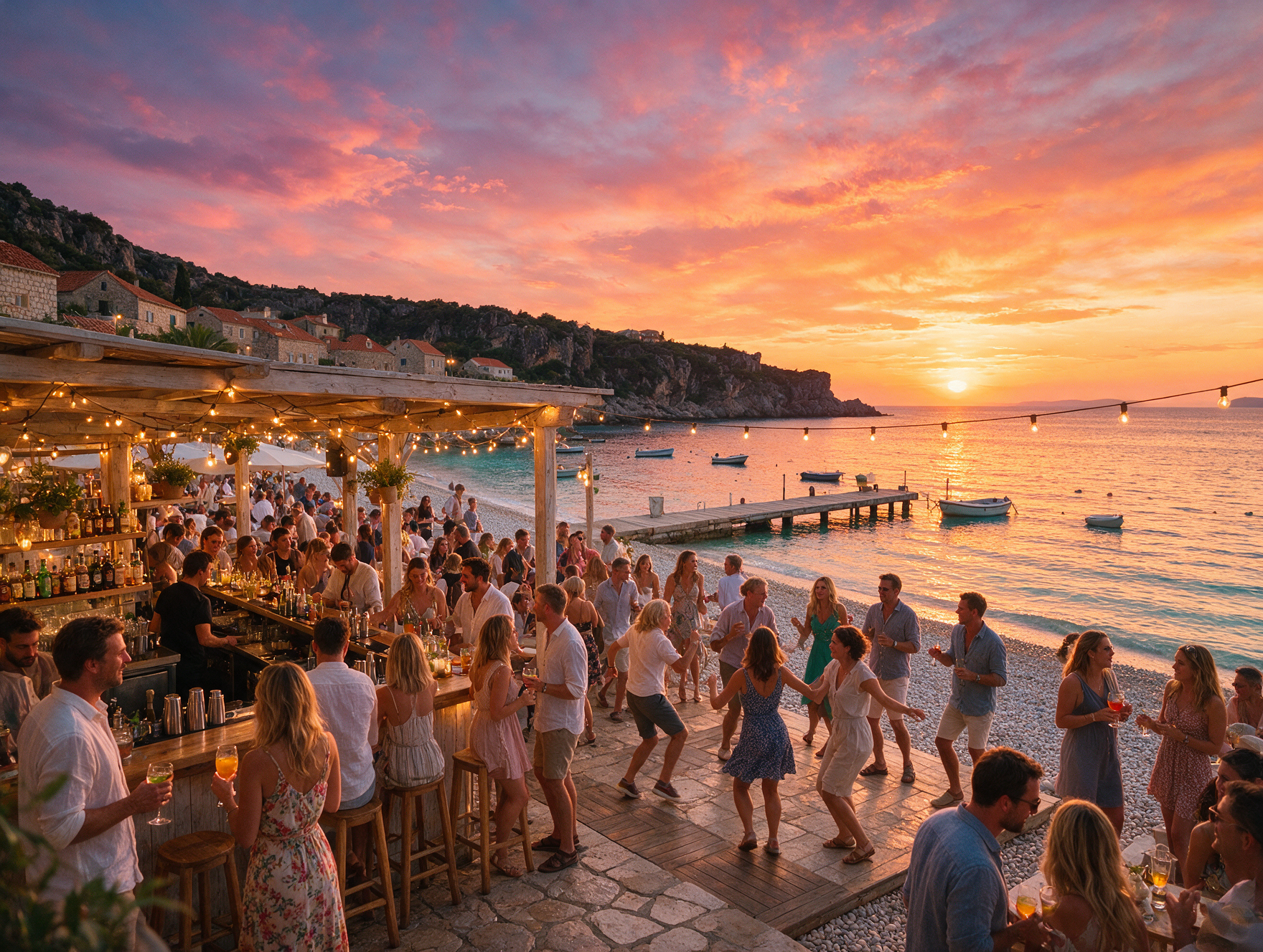 Lively beach bar on Hvar Island at sunset with a crowd dancing near the water