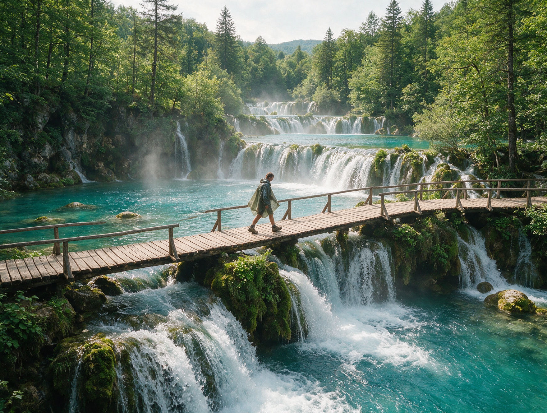 Traveler in walking shoes crossing a wooden boardwalk over Plitvice Lakes' turquoise water