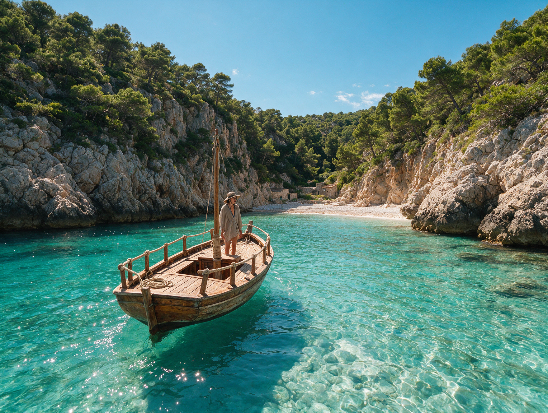 Traveler in beach cover-up on a boat approaching a cove near Hvar Island in summer