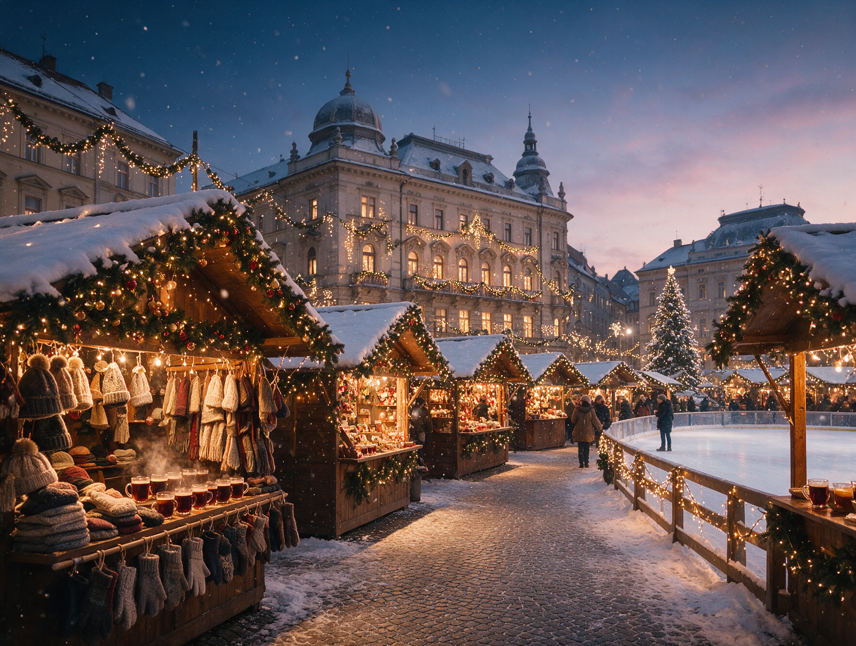 Zagreb's Advent Christmas market at dusk with lit stalls, an ice rink, and light snow
