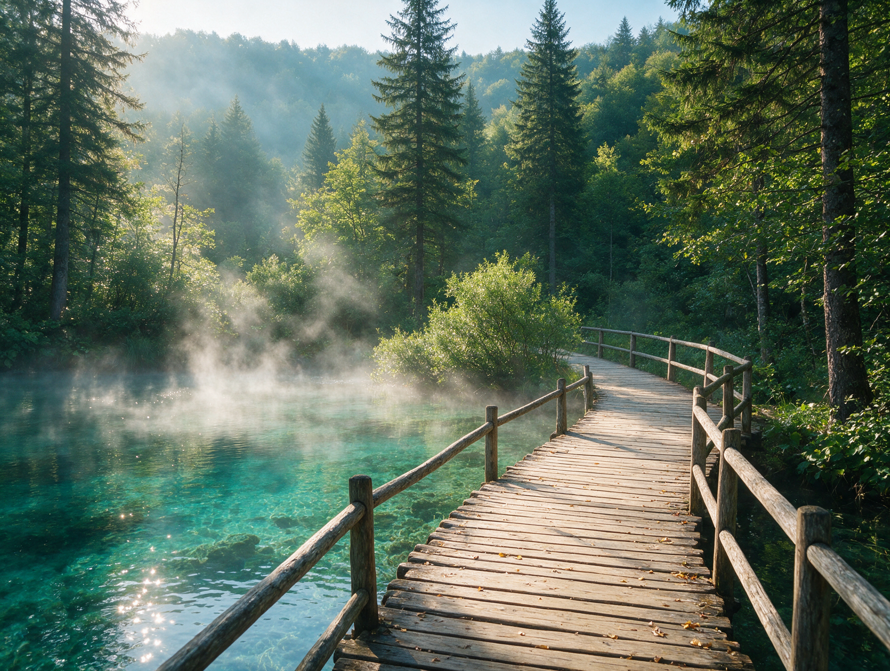 Empty wooden boardwalk trail through Plitvice Lakes National Park in the early morning mist