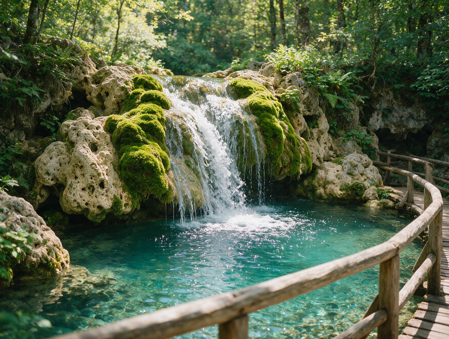 Close-up of a small waterfall cascading over mossy rock into a turquoise pool at Plitvice Lakes National Park