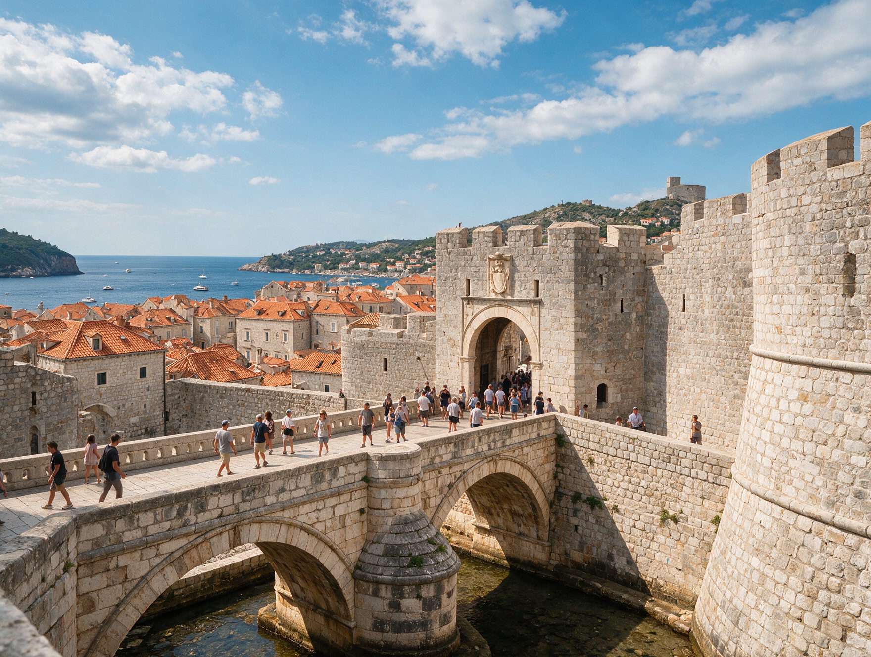 Pedestrians walking through Pile Gate into Dubrovnik's car-free Old Town