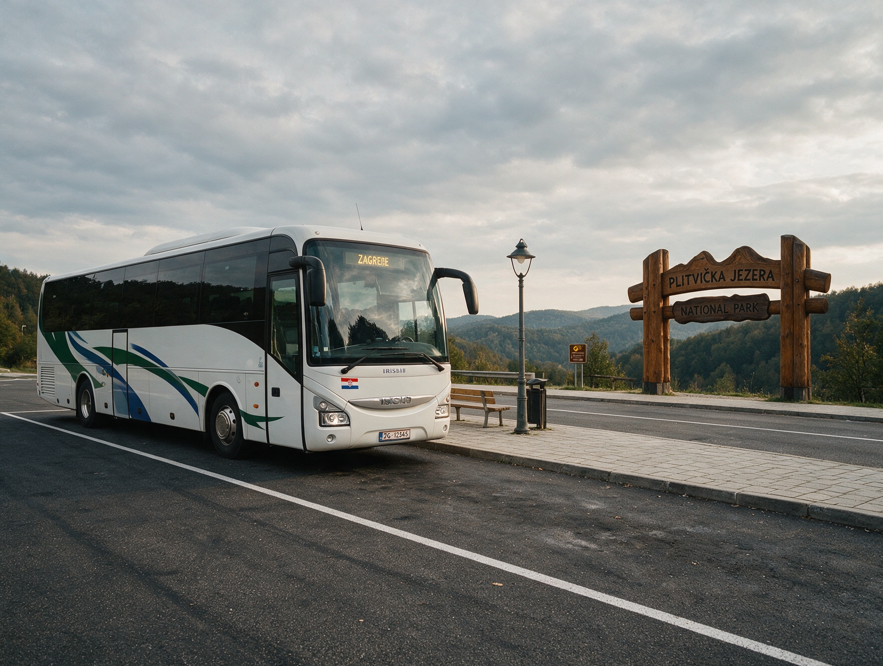 Intercity bus stopped near the entrance to Plitvice Lakes National Park