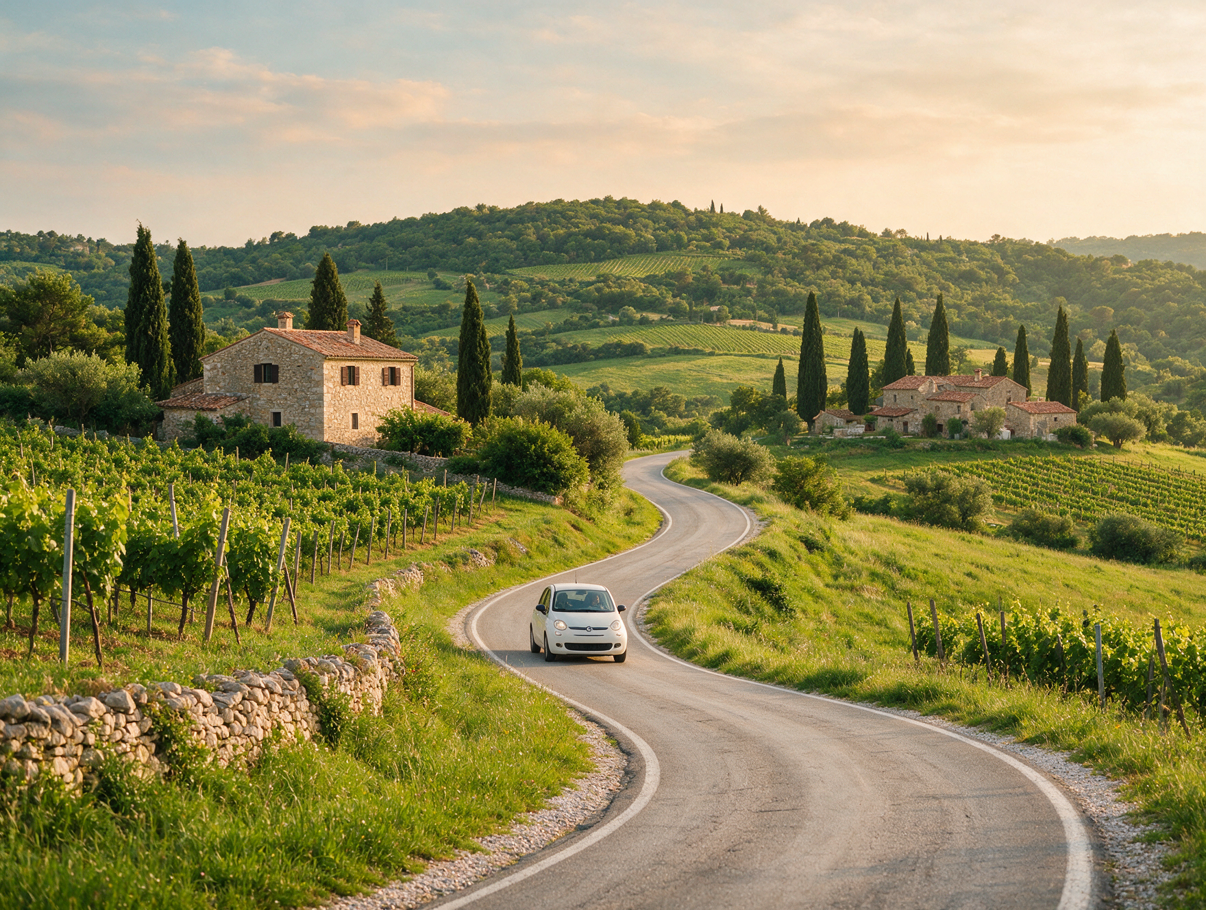 Rental car driving through the vineyard-covered hills of inland Istria near Rovinj
