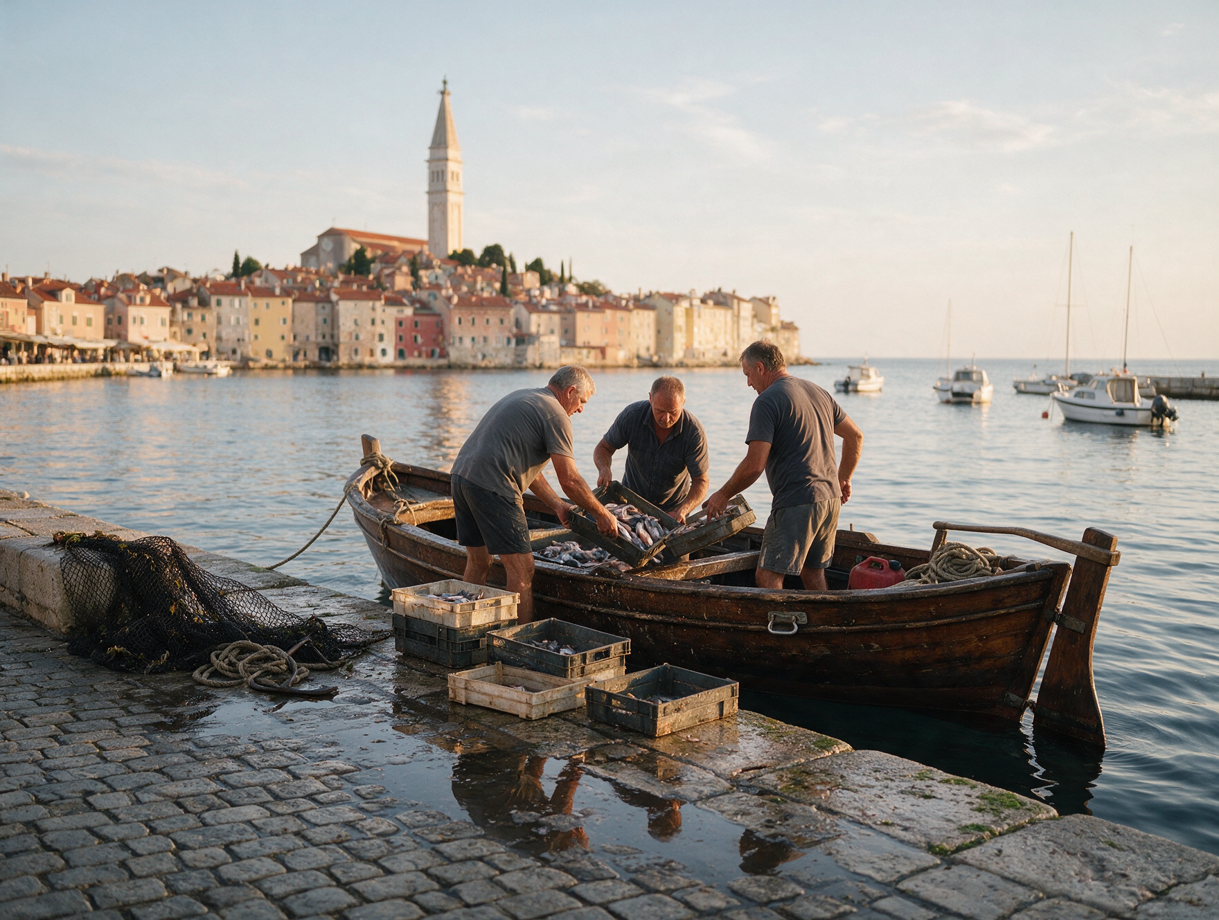 Local fishermen unloading crates of fresh fish from a wooden batana boat at Rovinj harbor in the early morning