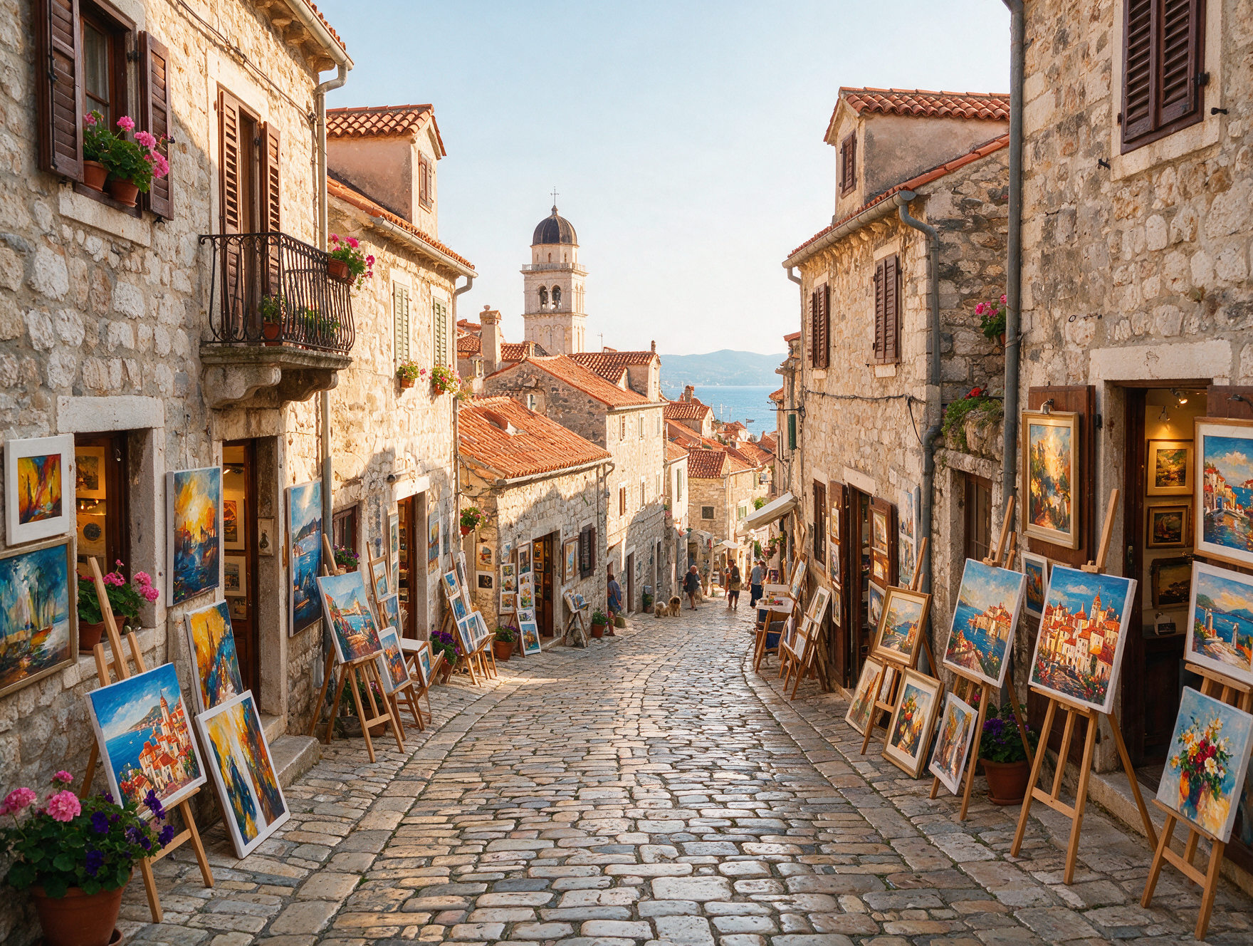 Narrow cobblestone artist street in Rovinj Old Town with small galleries and paintings displayed outside