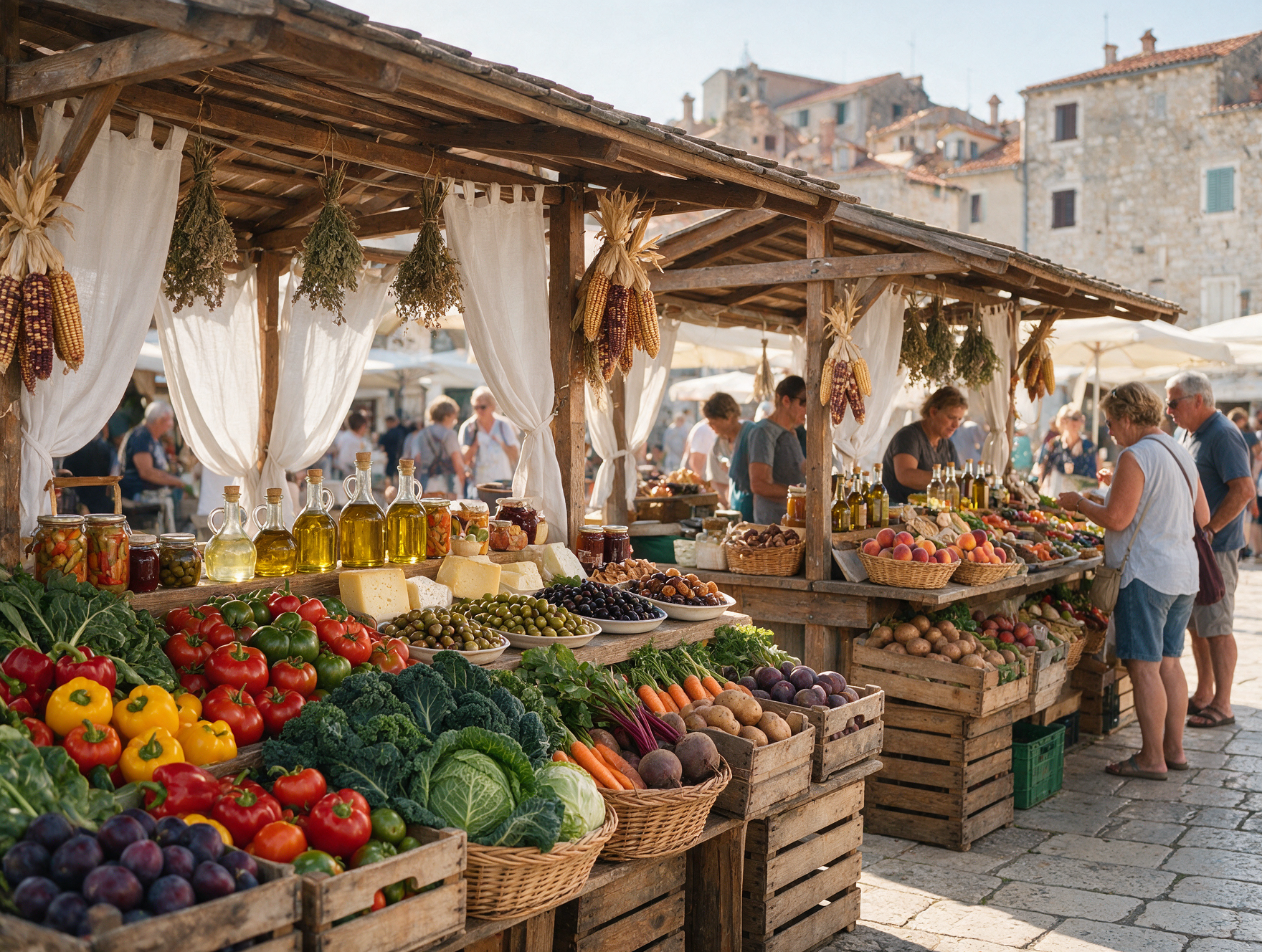 Colorful outdoor produce market stalls in Rovinj with fresh vegetables and local delicacies