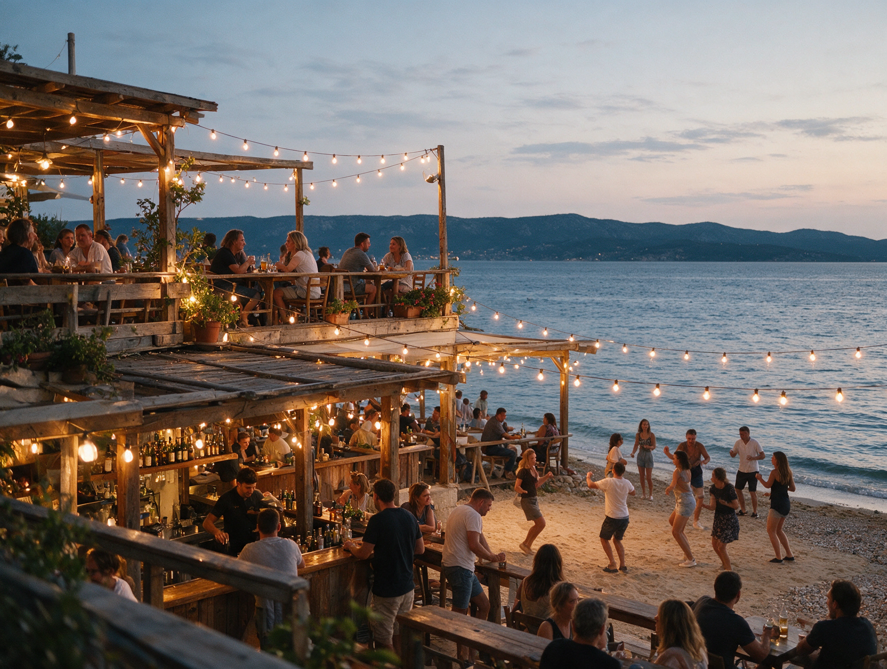 Casual multilevel beach bar at Bačvice beach in Split in the evening with string lights