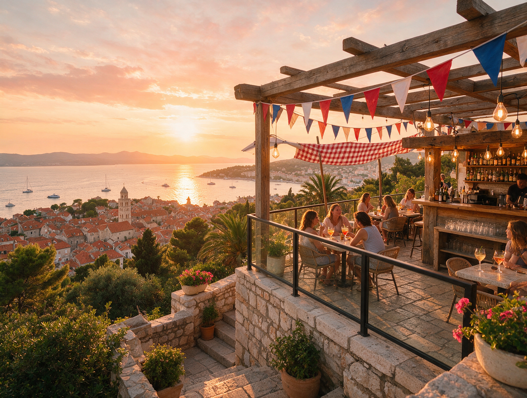 Hilltop rooftop terrace bar on Marjan Hill above Split at sunset with panoramic views