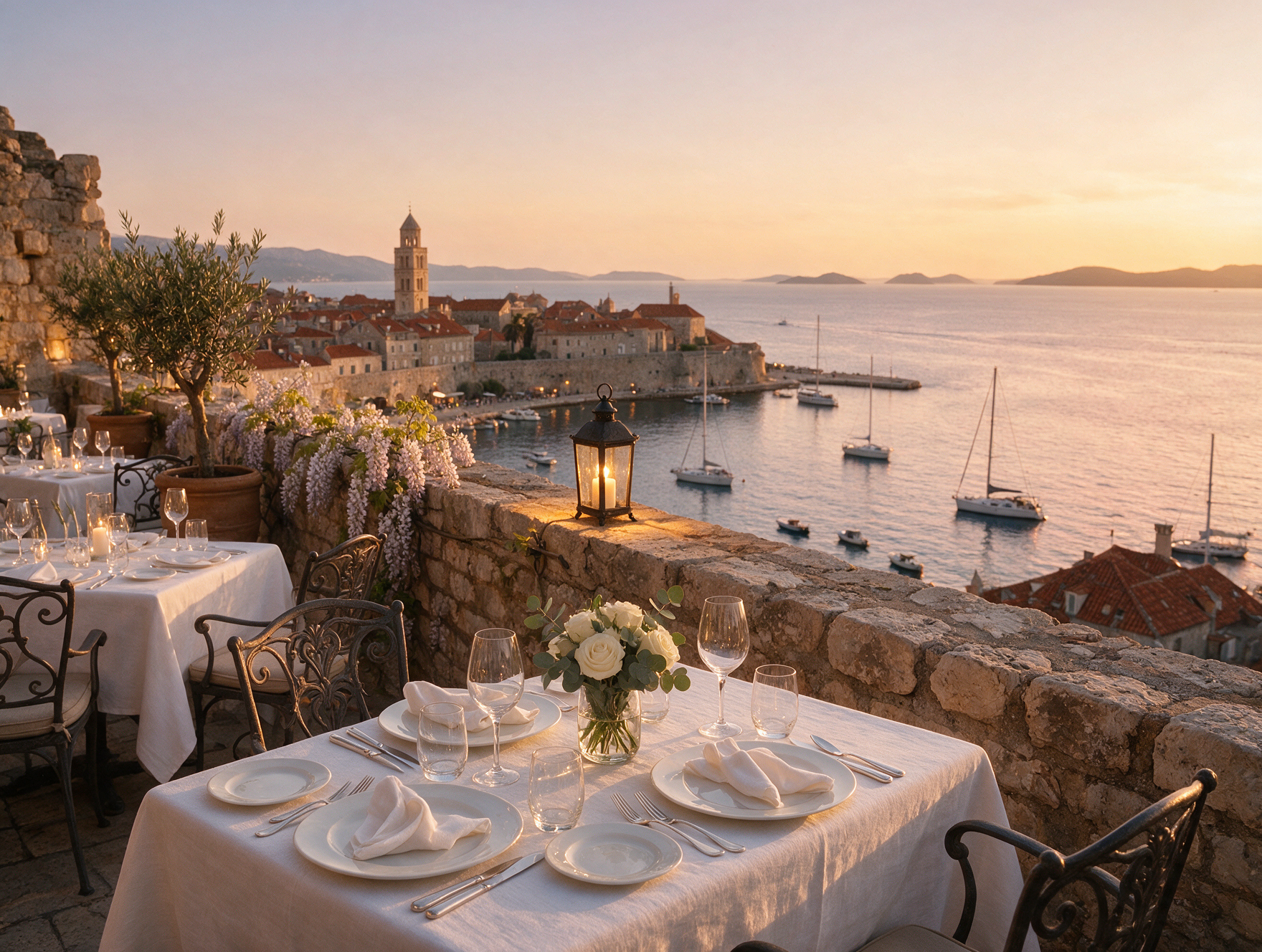 Fine dining rooftop restaurant perched on ancient Roman palace stone walls in Split with harbor view