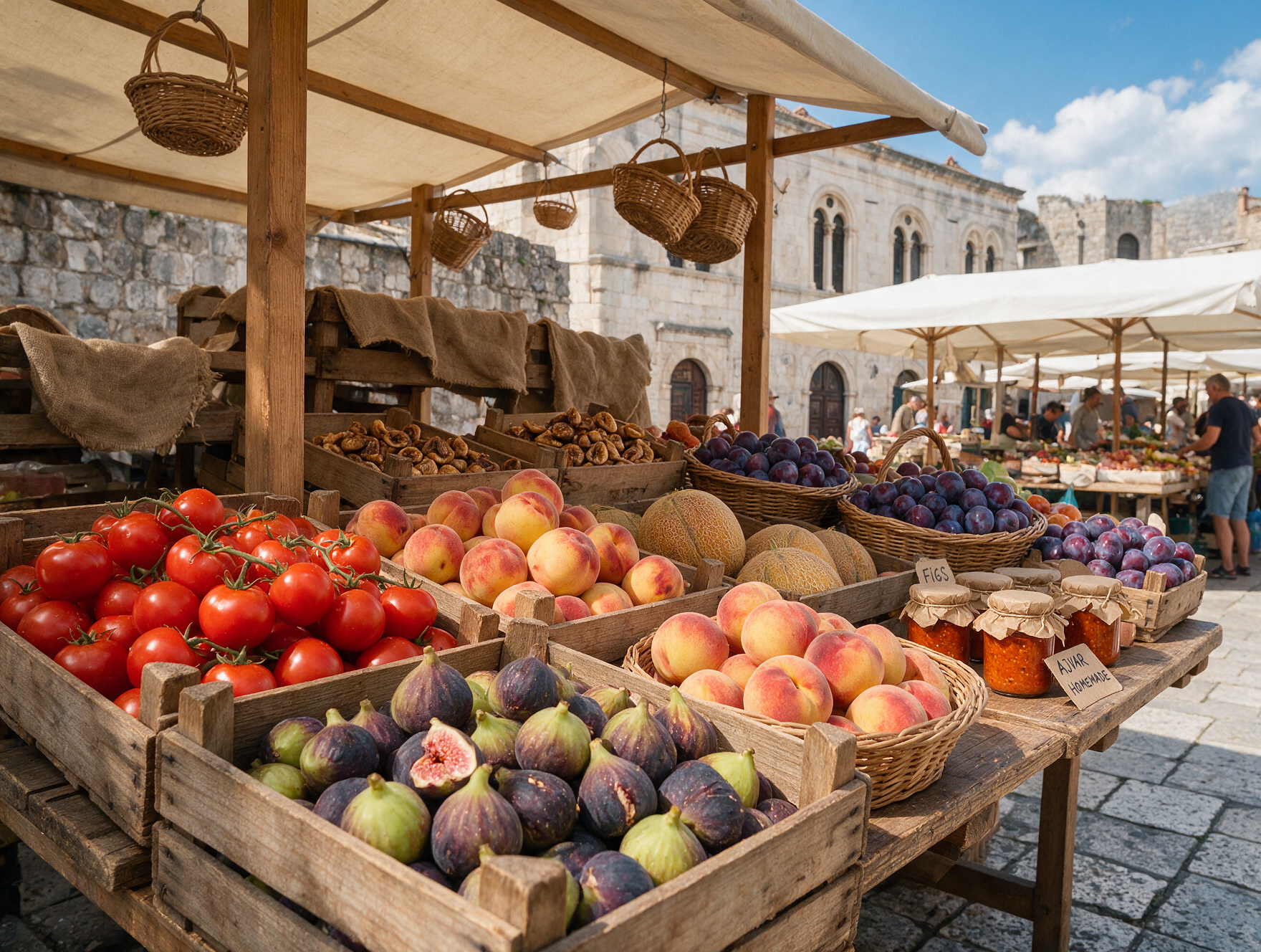 A fruit and vegetable stall at Split's Pazar market with fresh produce and jars of ajvar