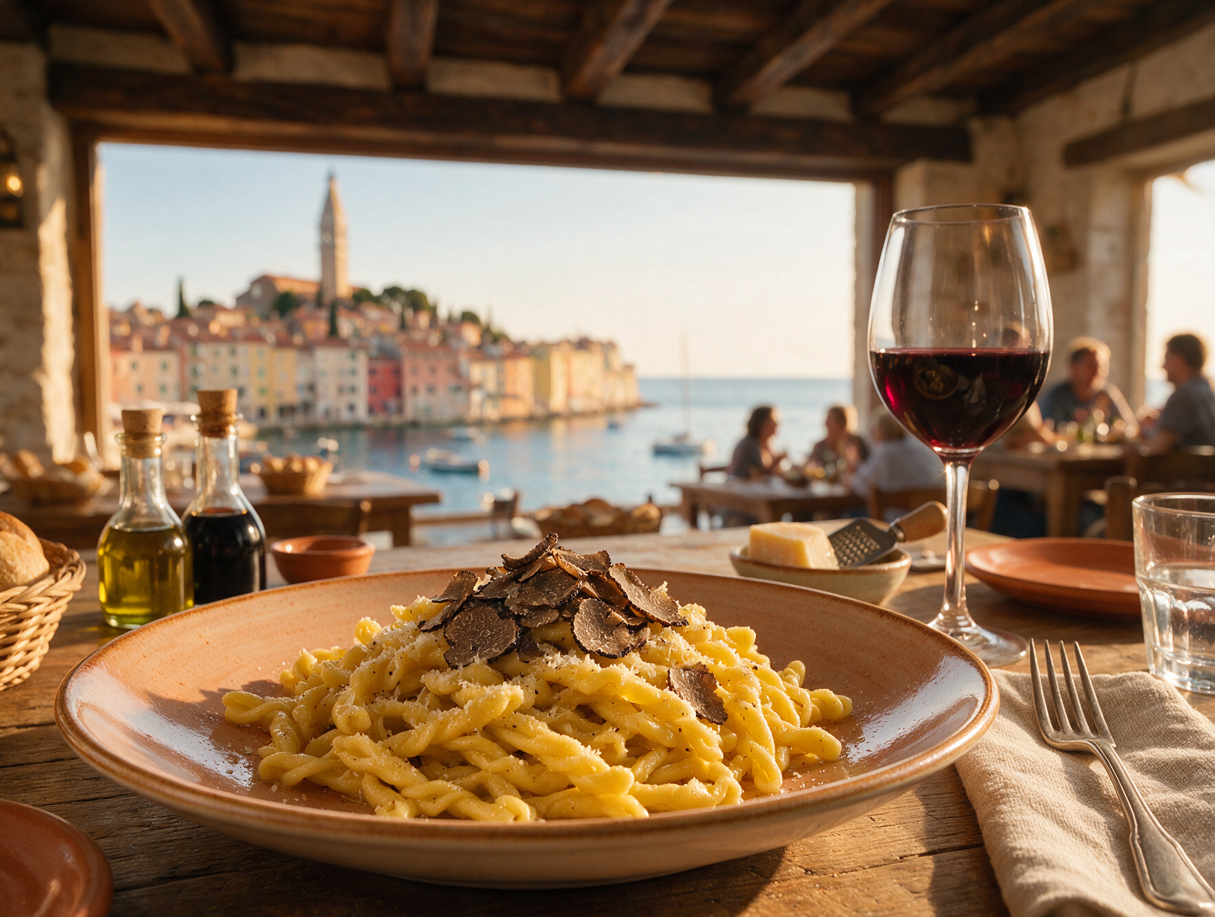 A plate of Istrian truffle fuži pasta on a wooden table with Rovinj's waterfront visible in the background