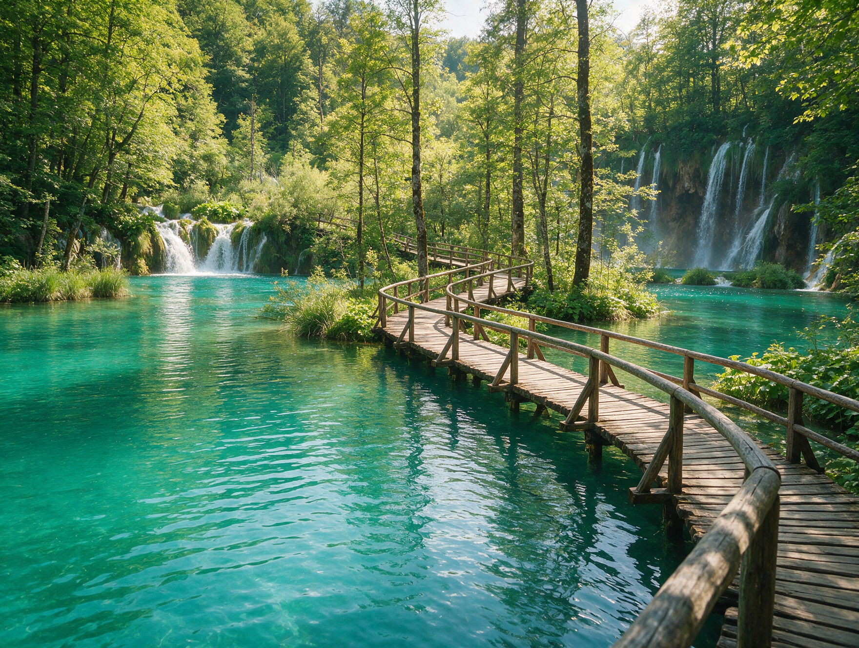 Wooden boardwalk trails over turquoise water at Plitvice Lakes National Park surrounded by forest and waterfalls