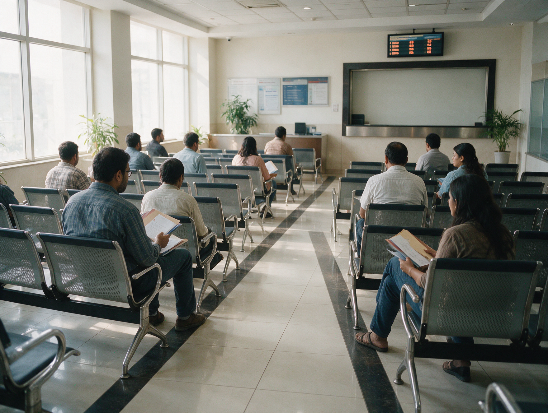 Applicants waiting inside a visa application centre in India with document folders in hand