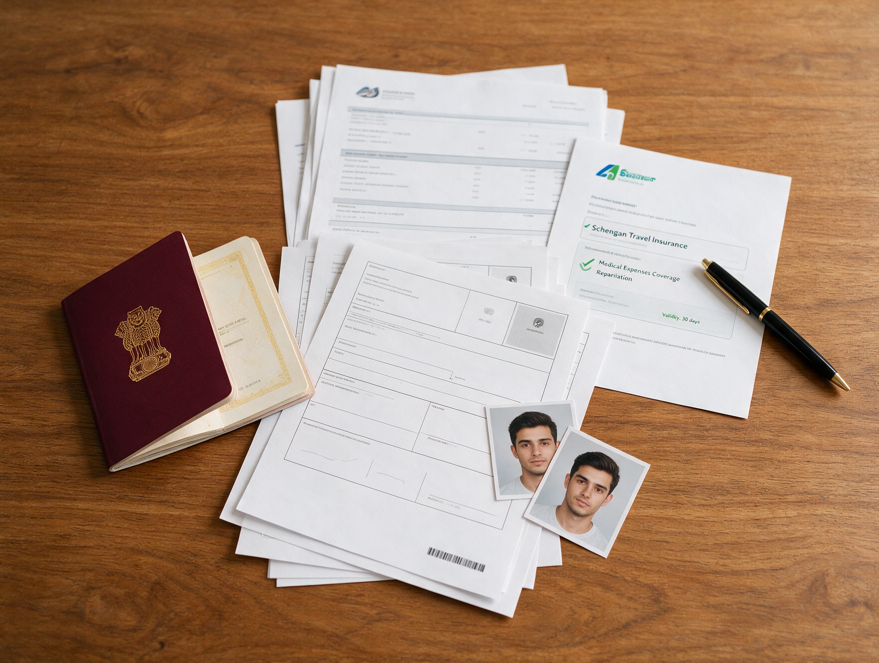 Flat-lay of Schengen visa documents including passport, photographs, and bank statements needed for a Croatia visa application