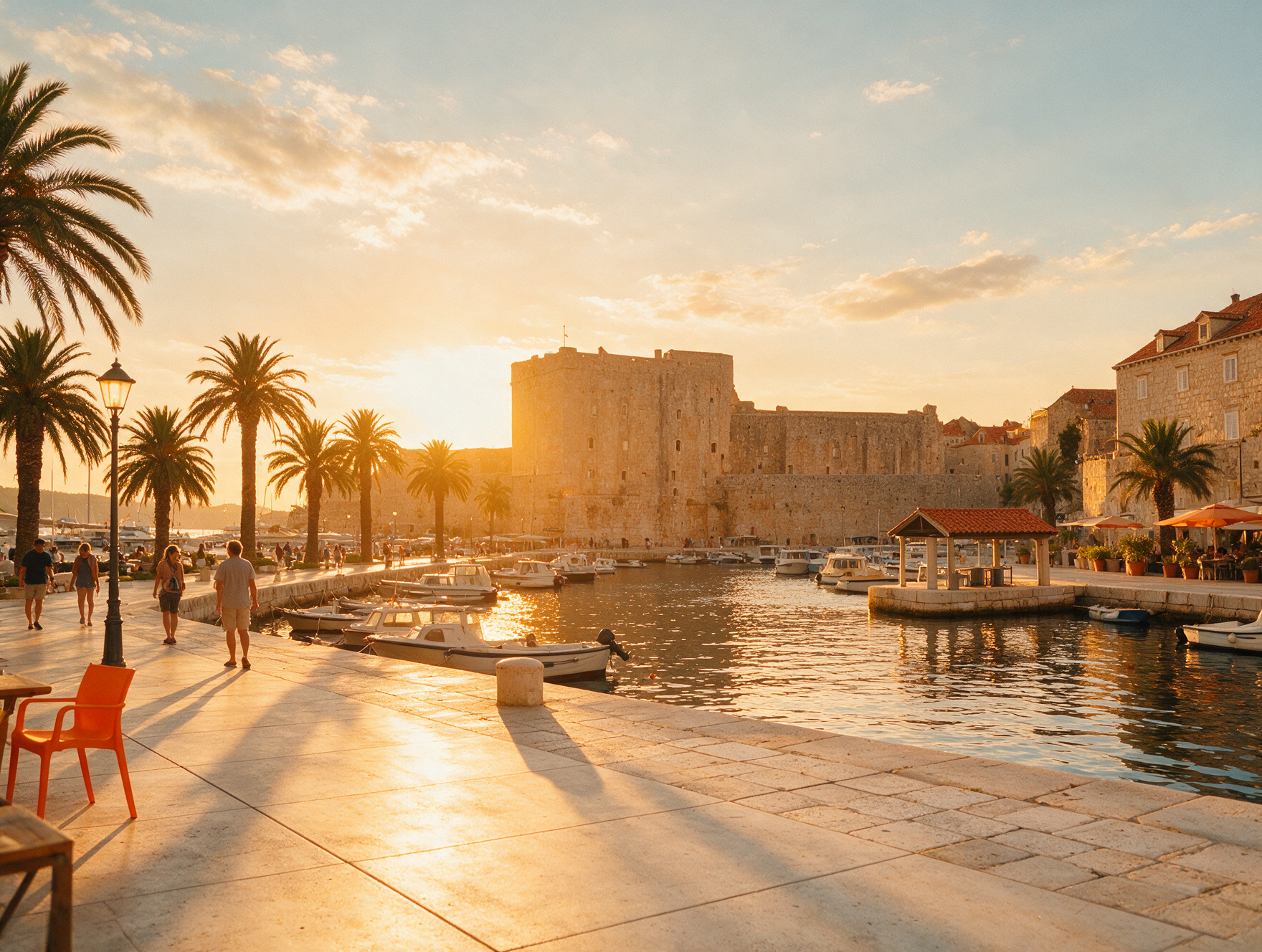 Golden-hour view of Split's Riva promenade and Diocletian's Palace facade, a common first stop after arriving in Croatia
