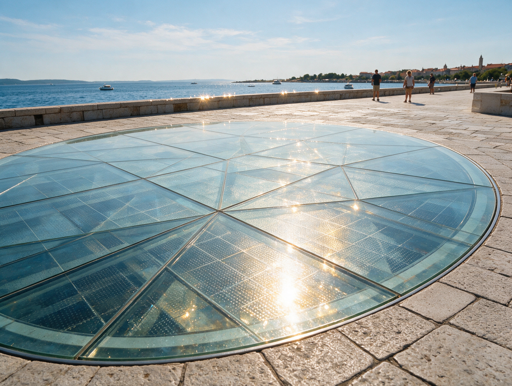 Close-up daytime view of the Greeting to the Sun glass circle installation in Zadar