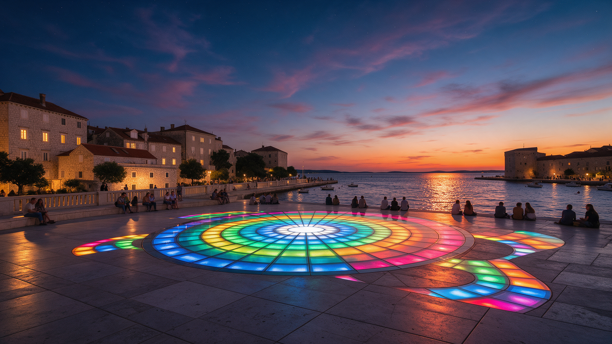 Zadar waterfront at dusk with the Greeting to the Sun art installation glowing in colorful illuminated circles