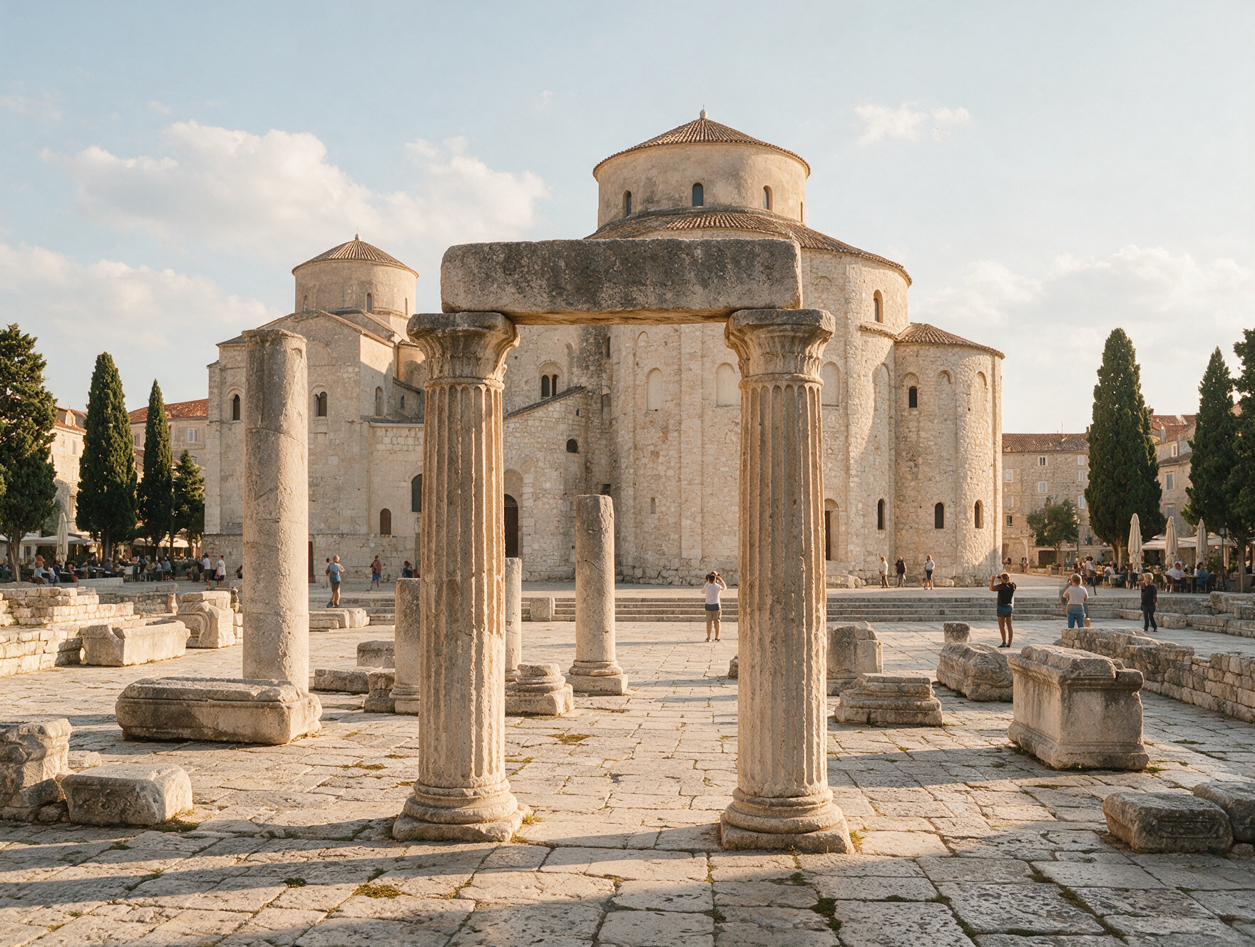 Zadar Old Town Roman forum in the morning with ancient stone columns and few tourists