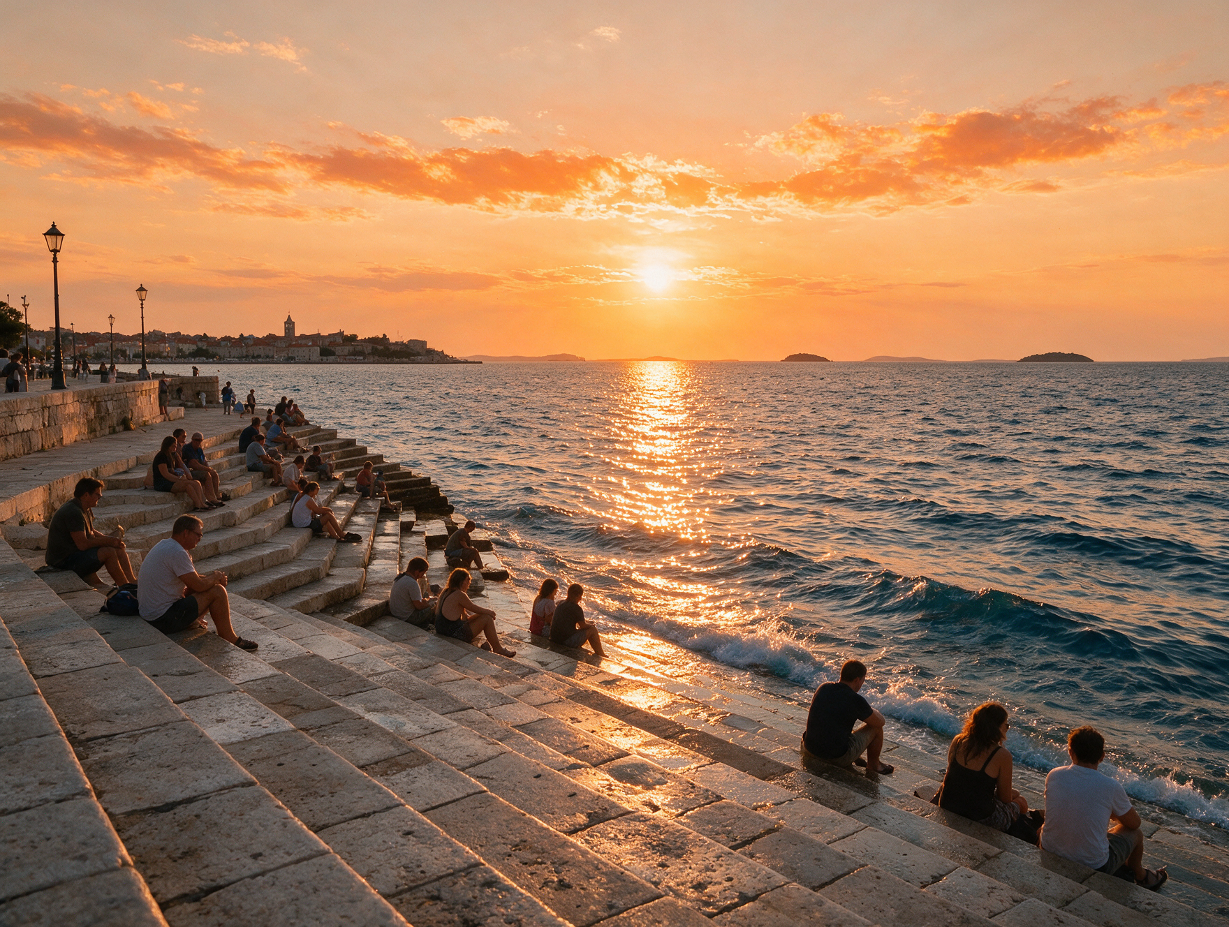 People sitting on the wide stone steps of the Sea Organ in Zadar at sunset with waves lapping
