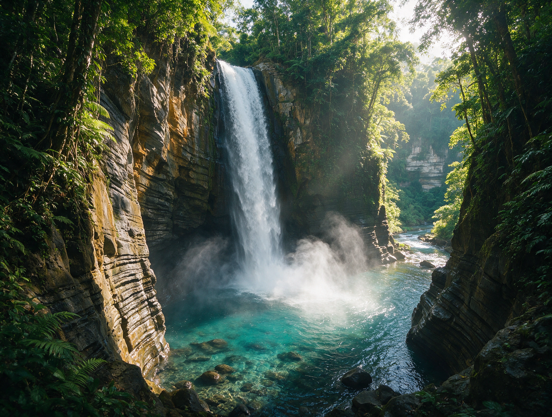 Narrow rock canyon and waterfall pool at Cunca Wulang near Labuan Bajo, Flores