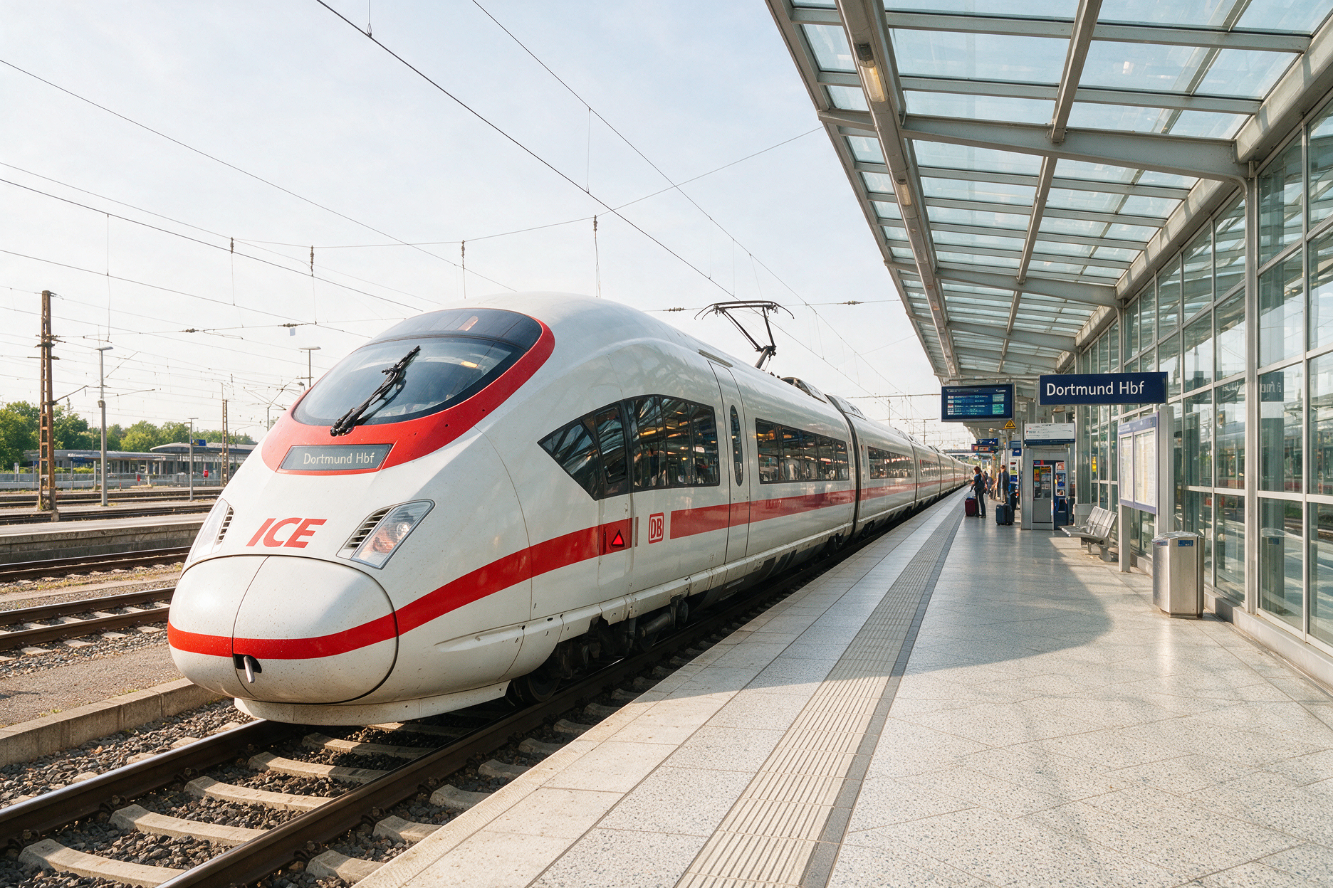 White and red Deutsche Bahn ICE high-speed train arriving at a German railway platform
